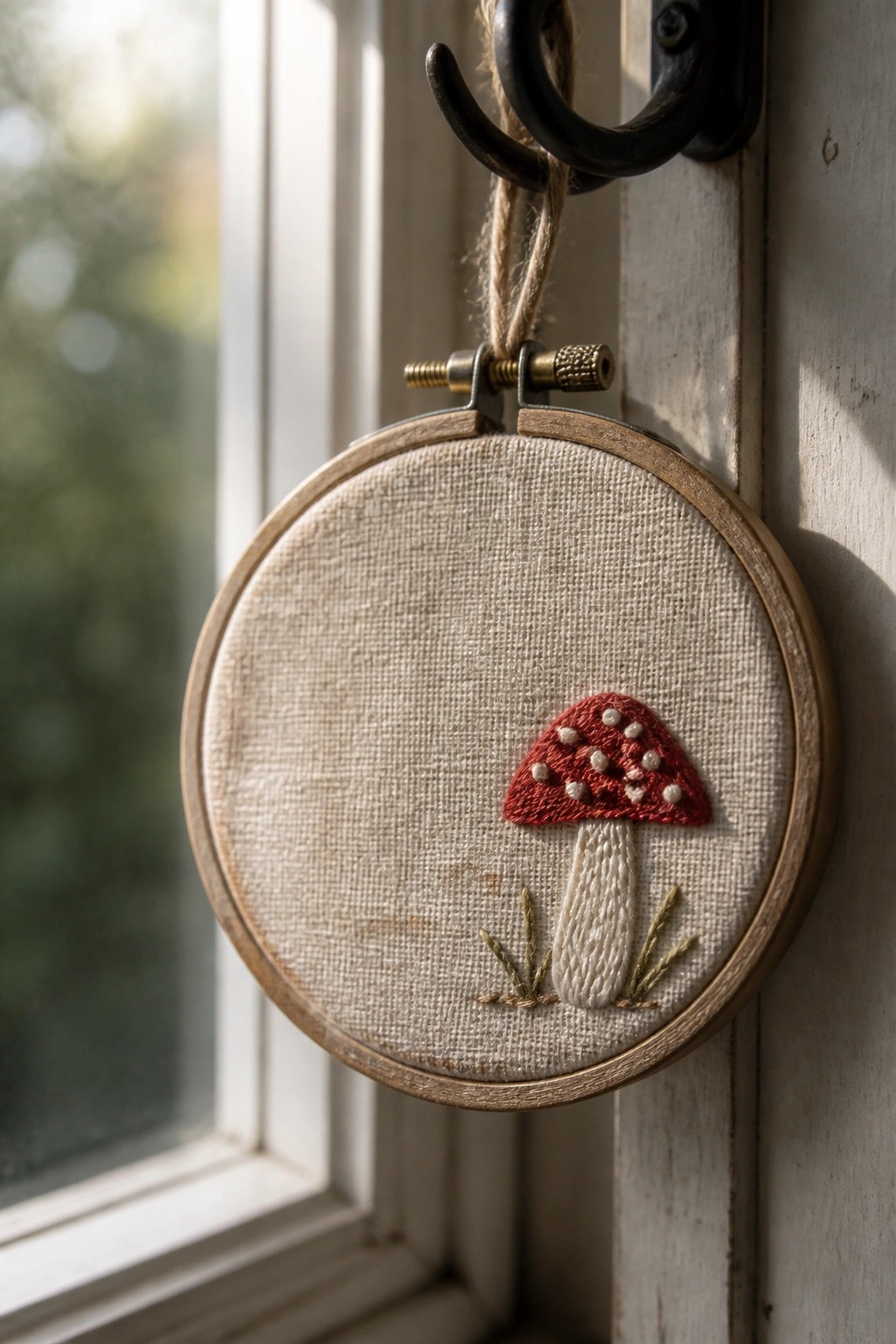 Embroidered red mushroom with white dots in wooden hoop hanging near window.