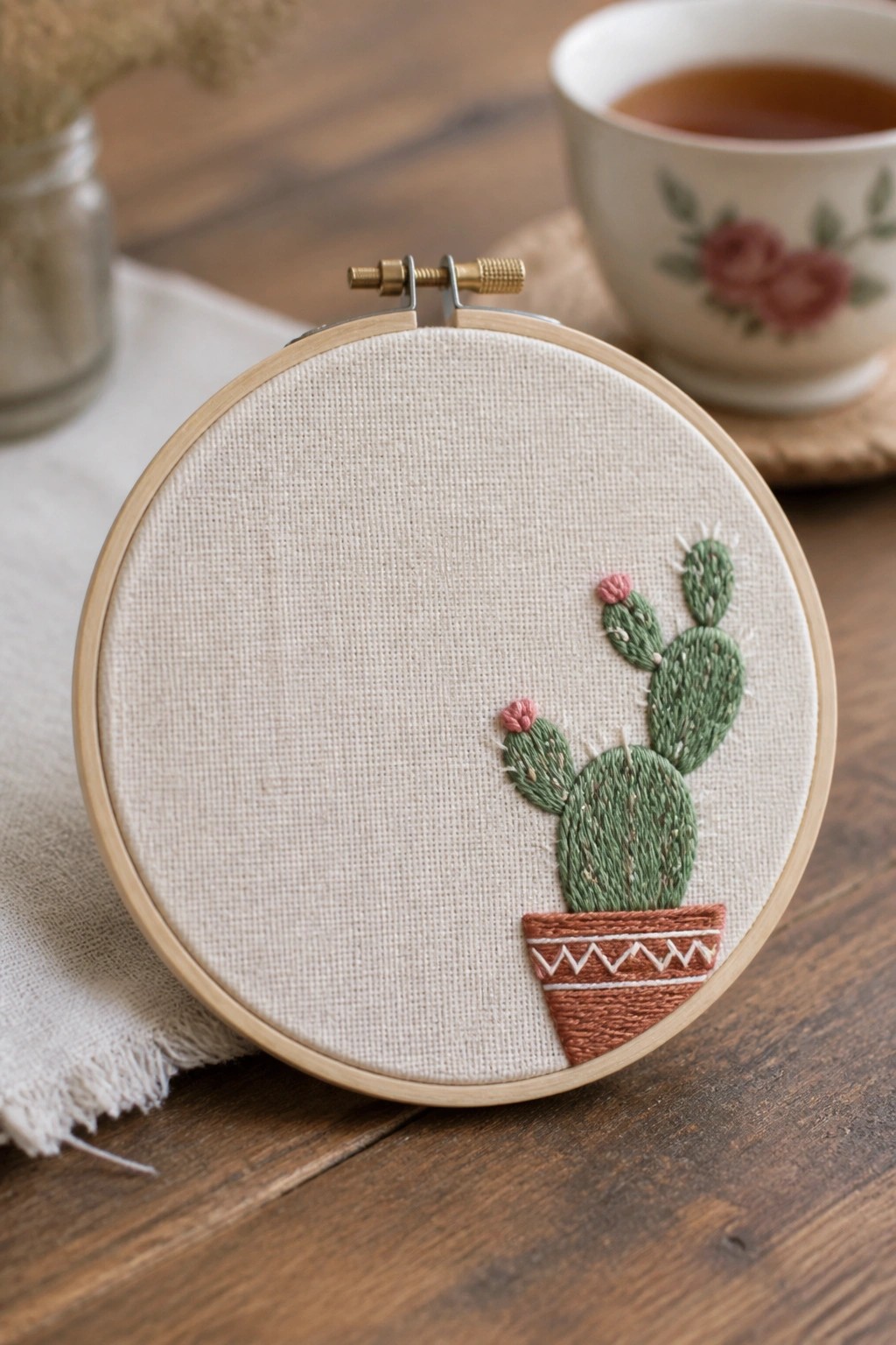 Wooden hoop with embroidered green cactus in patterned pot beside floral teacup