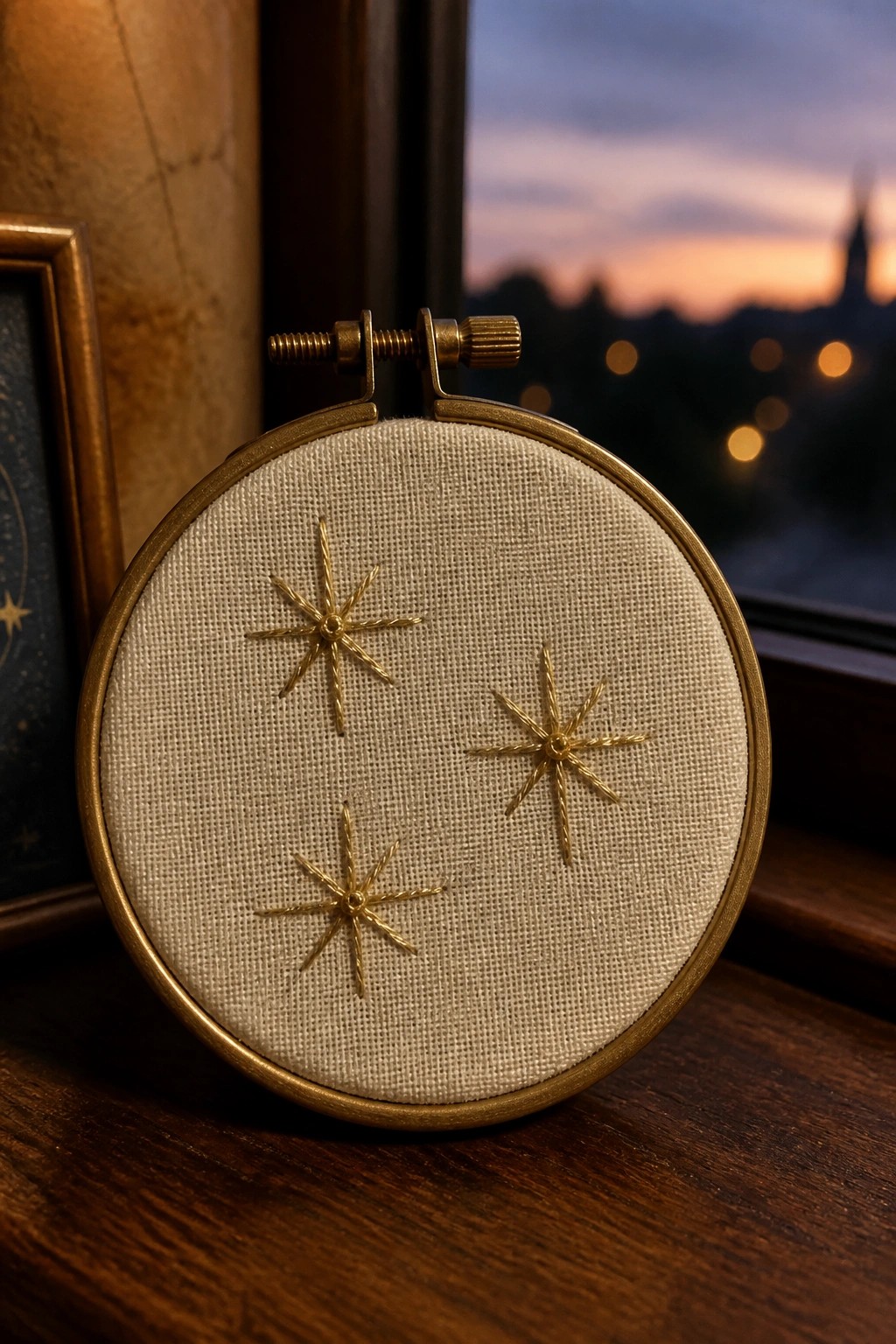 Brass embroidery hoop with three gold starbursts on beige fabric by dusk window