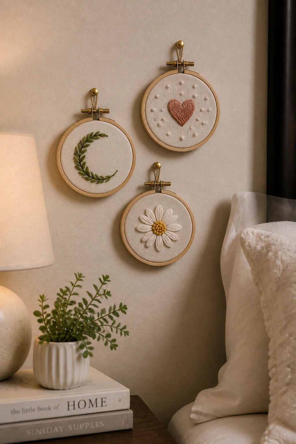 Three embroidered hoops with moon, heart, and daisy designs above books and plant.