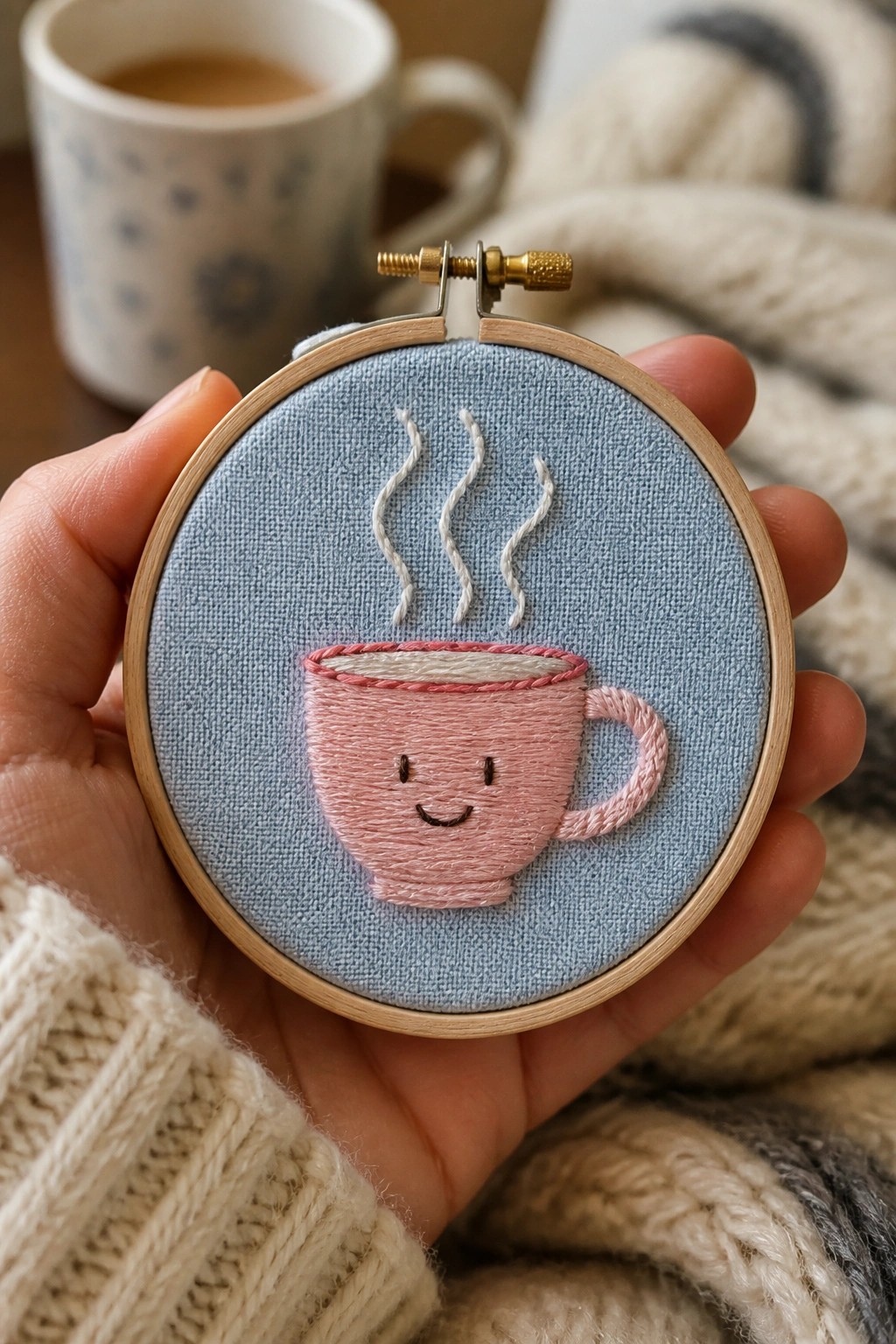 Hand holding embroidery hoop with pink smiling cup and steam on blue fabric