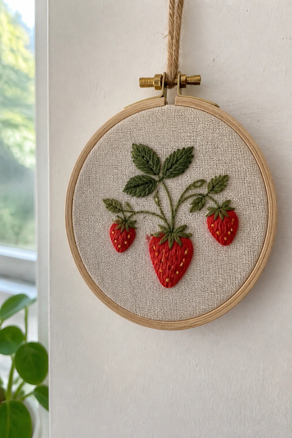 Wooden hoop with embroidered red strawberries, yellow seeds, and green leaves on beige fabric.