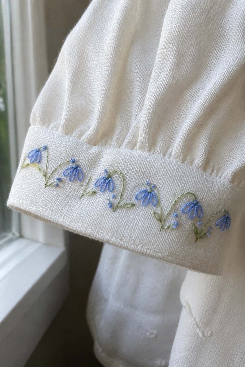 White sleeve cuff with delicate blue floral embroidery and green stems