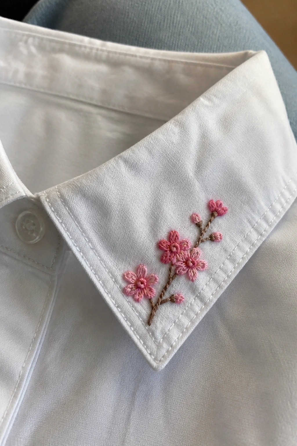 White shirt collar with pink cherry blossom embroidery and button.