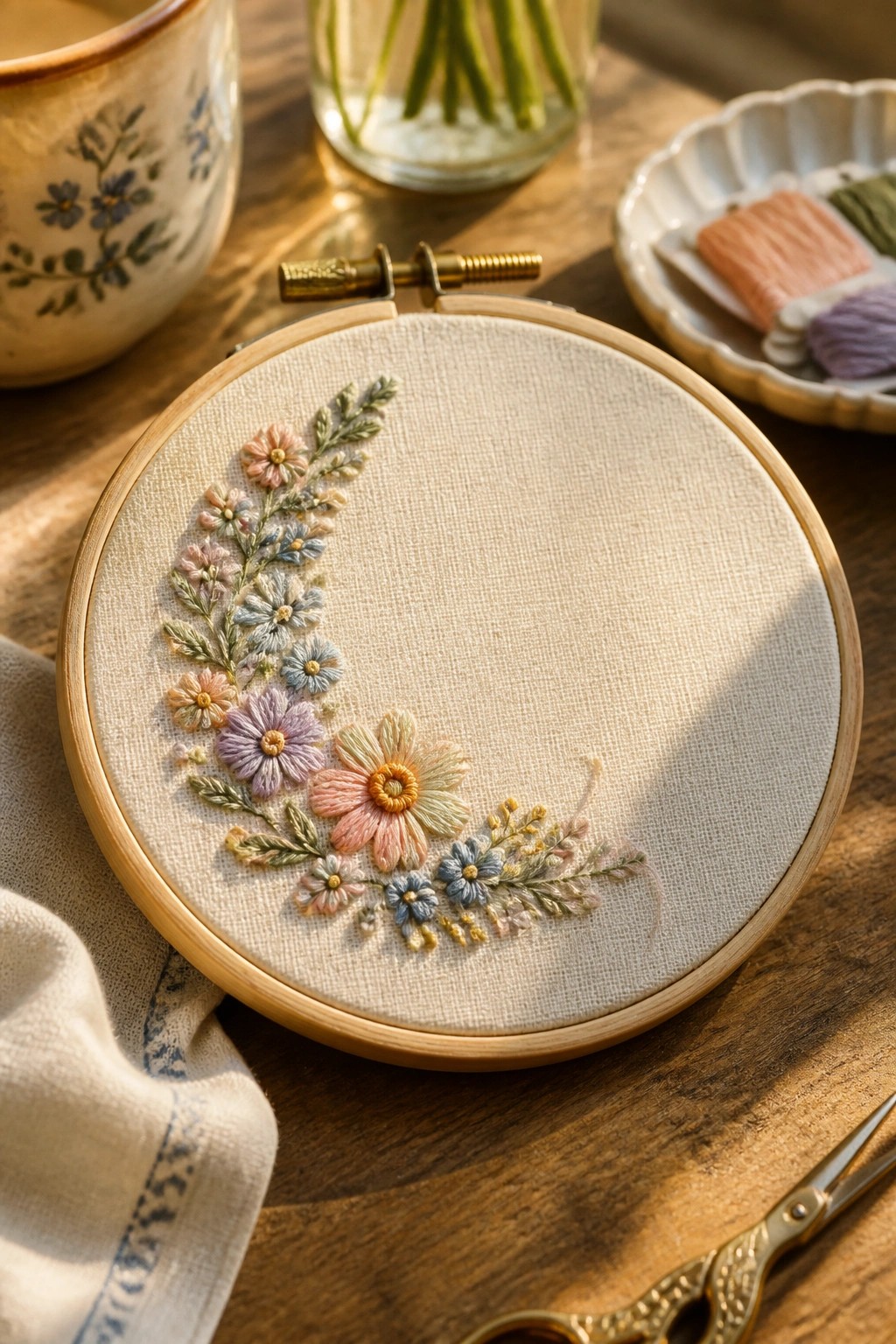 Pastel floral embroidery in wooden hoop on wooden table with threads and scissors.