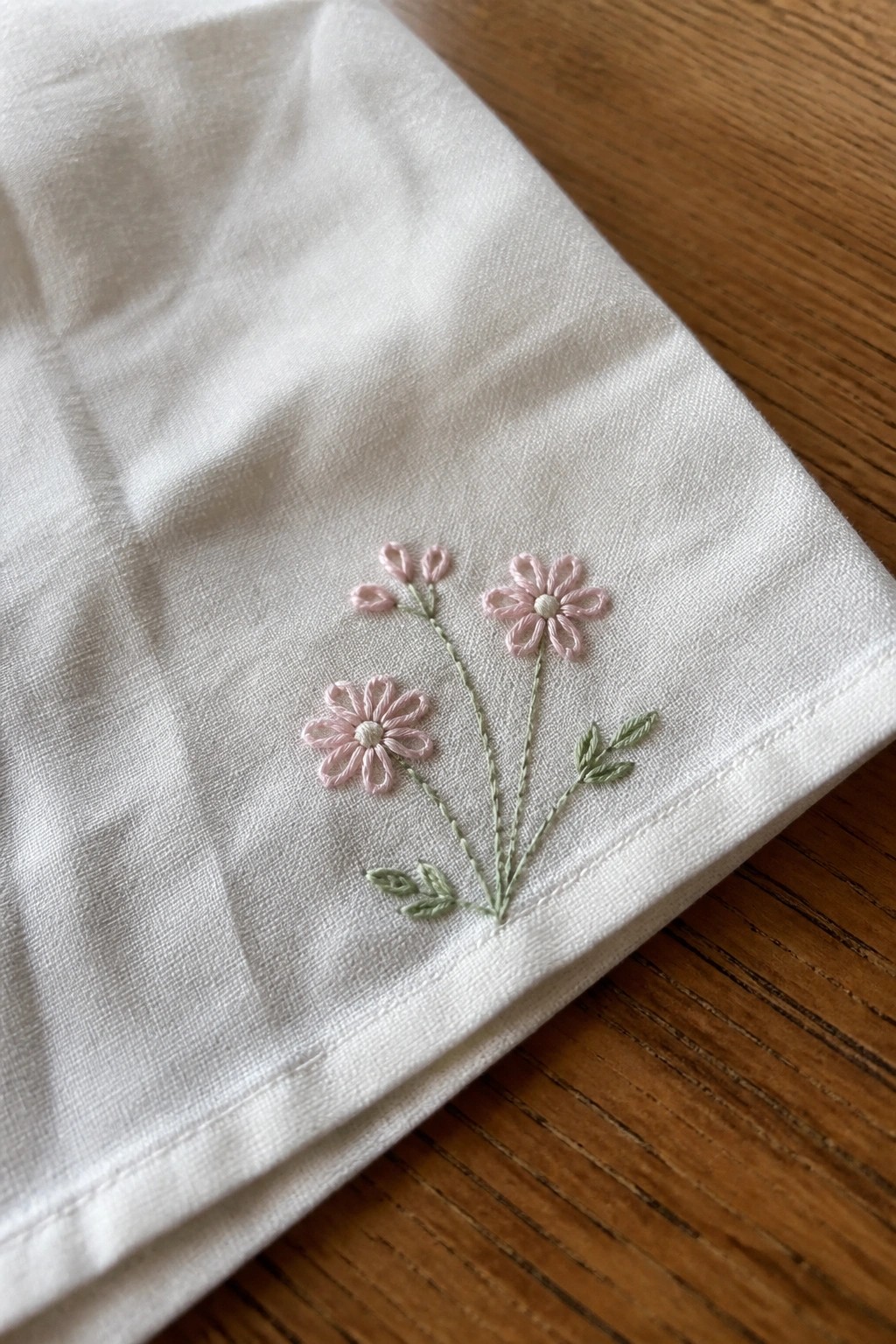 White cloth corner with pink daisy embroidery, green stems and leaves on wood