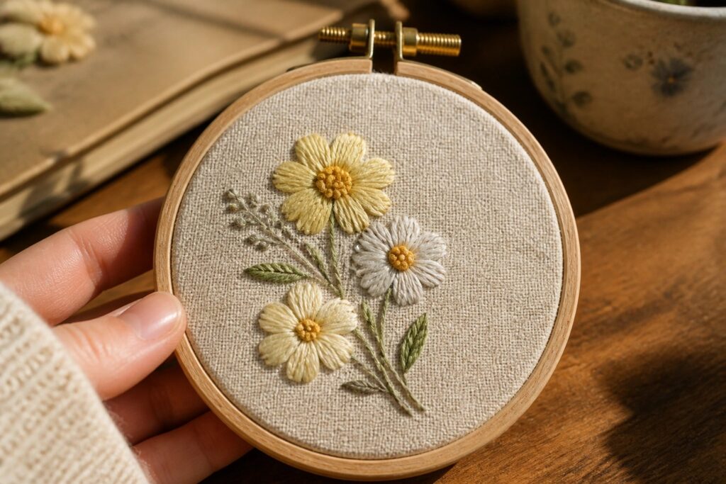 Hand holding embroidery hoop with three yellow and white daisies on beige fabric.