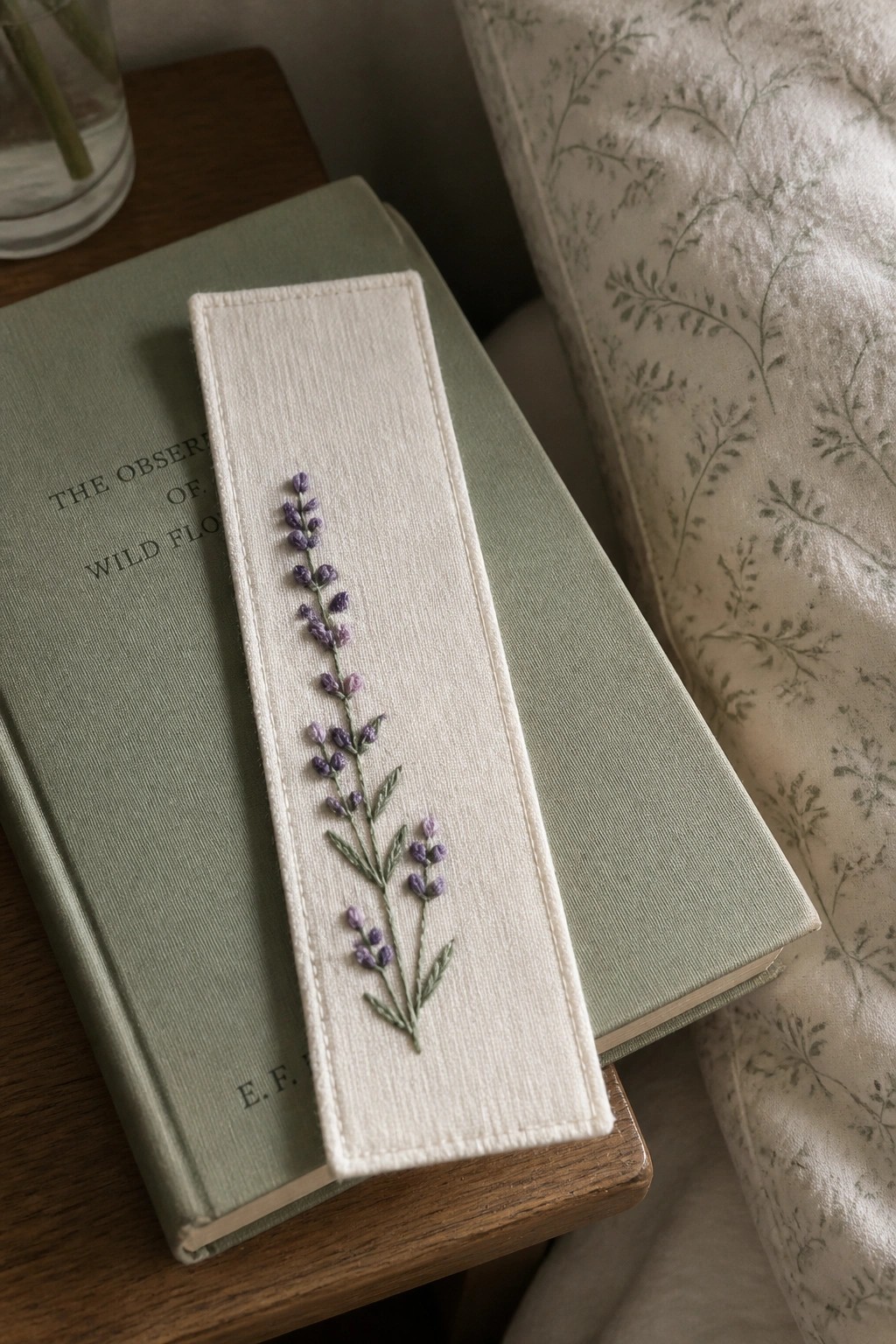 Embroidered lavender bookmark on sage green book atop wooden table with floral fabric
