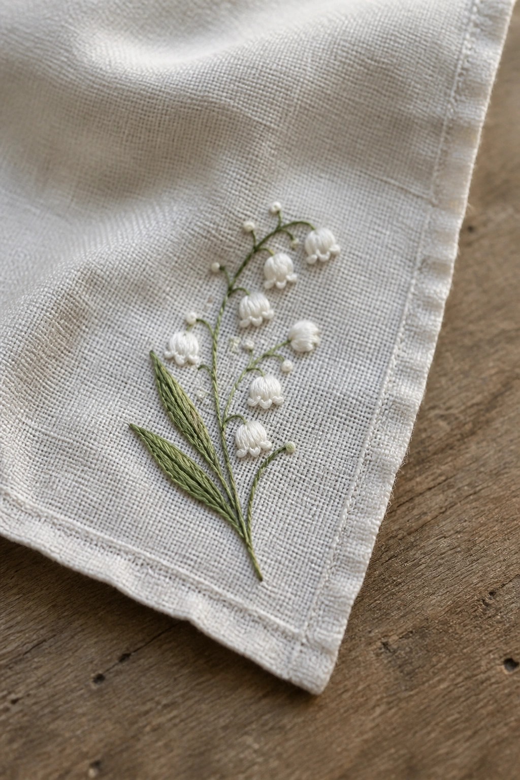 White linen fabric embroidered with delicate green-stemmed lily of the valley flowers on wood.