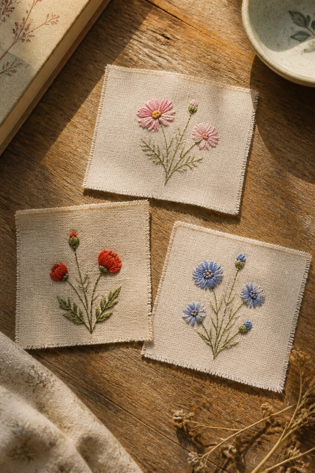 Three embroidered floral squares in pink, red, and blue on wooden table
