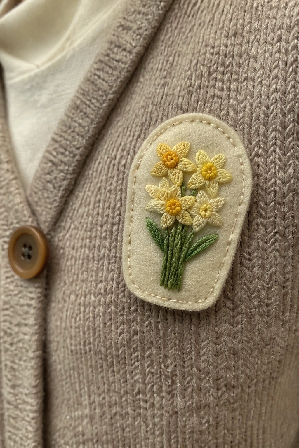 Beige knitted cardigan with brown button and oval embroidered yellow daffodil patch