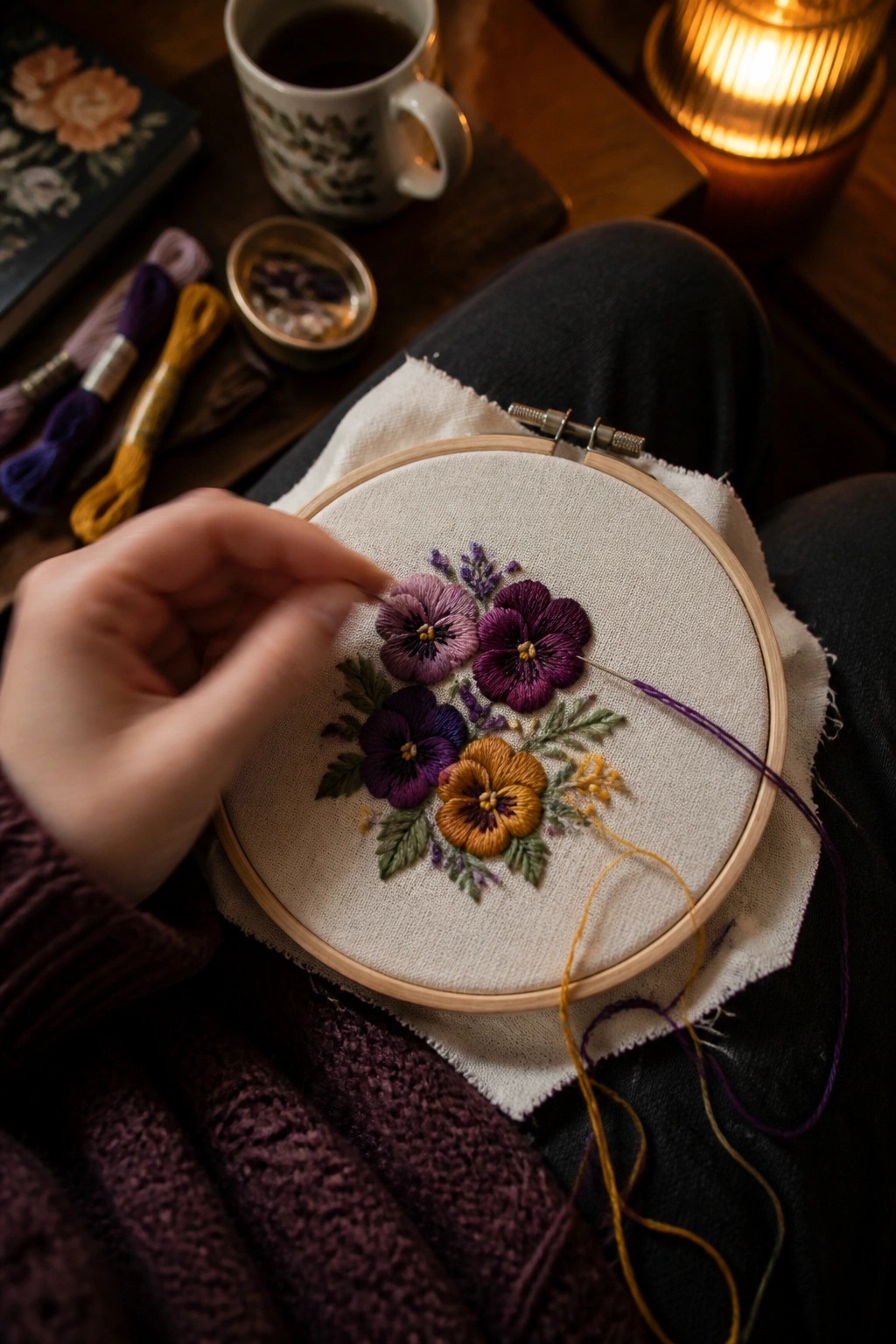 Hand holding a needle with purple thread over a small hoop containing embroidered pansies in purple, magenta, and orange with green leaves.