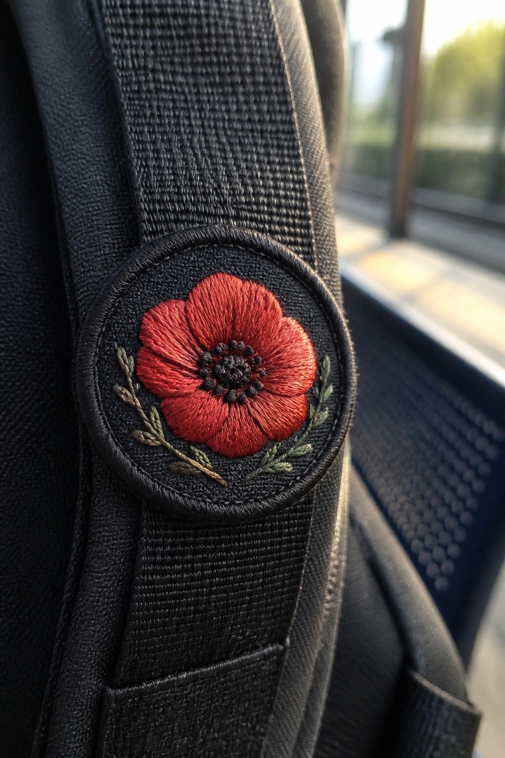 Red poppy flower embroidered on round black patch on woven strap