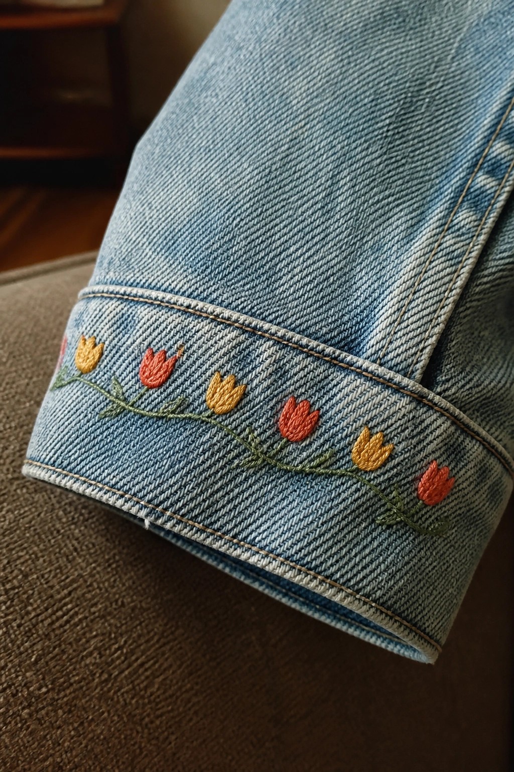 Light blue denim jacket cuff with red and yellow embroidered flowers on green stems