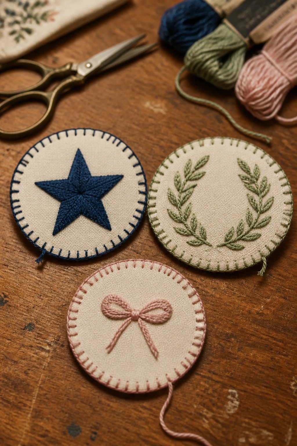 Three embroidered patches with blue star, green wreath, and pink bow on wooden table