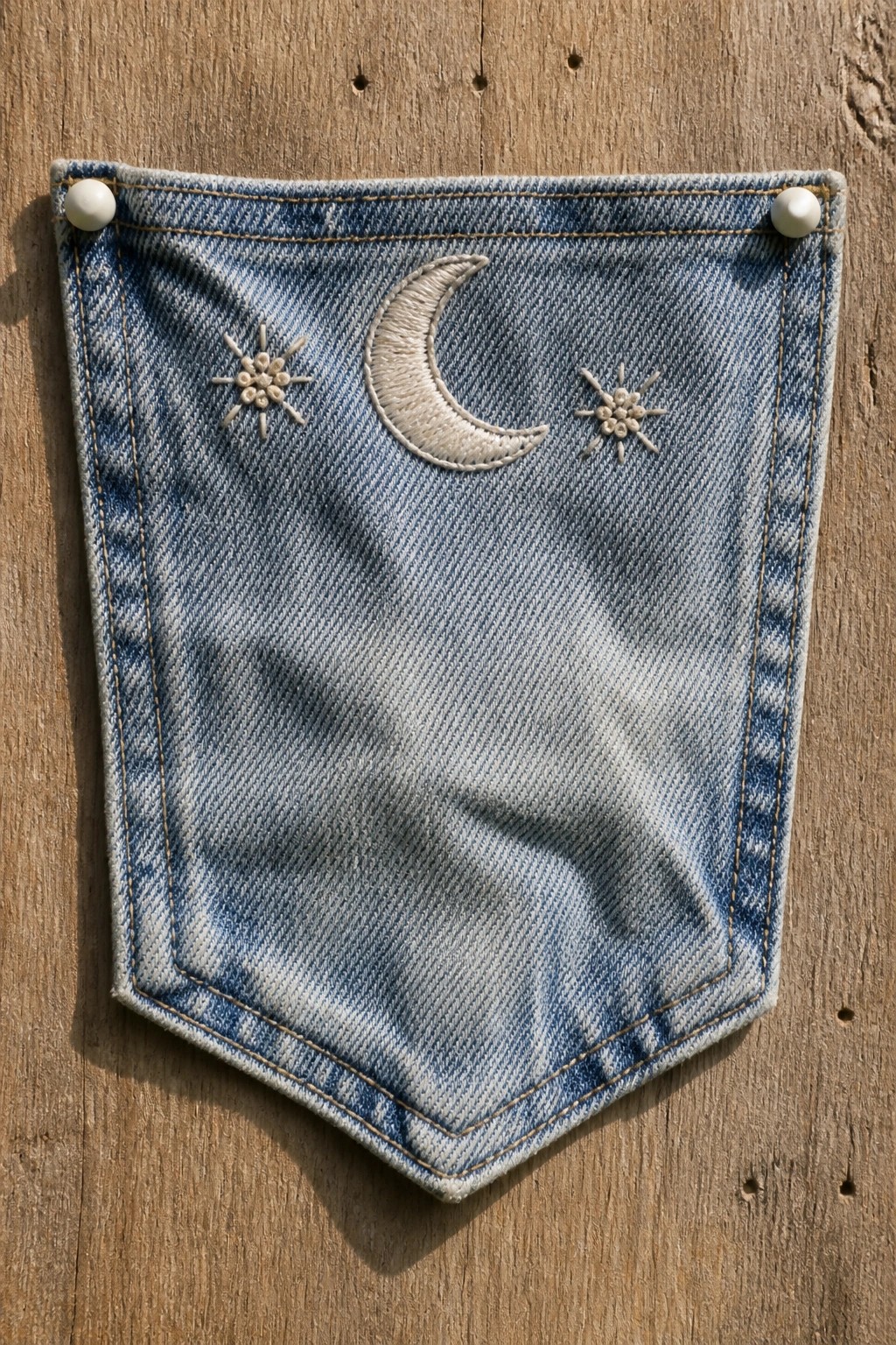 Blue denim pocket with embroidered crescent moon, stars, and white rivets