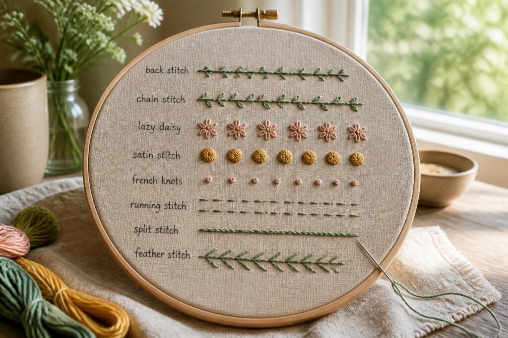 Embroidery hoop with fabric showing eight labeled stitch samples in different colors and a needle with blue thread nearby.