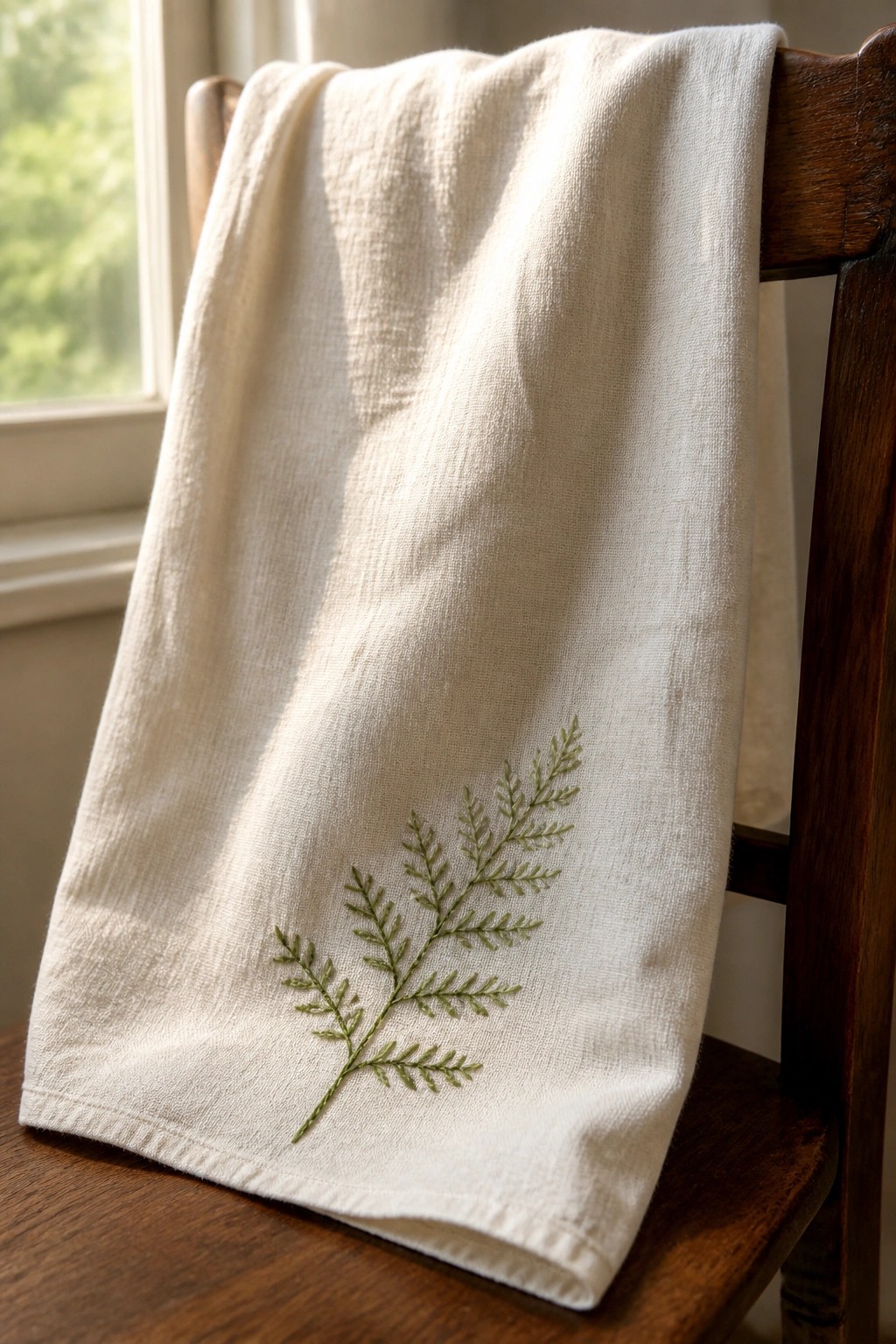 White towel with green fern embroidery draped over wooden chair in sunlight