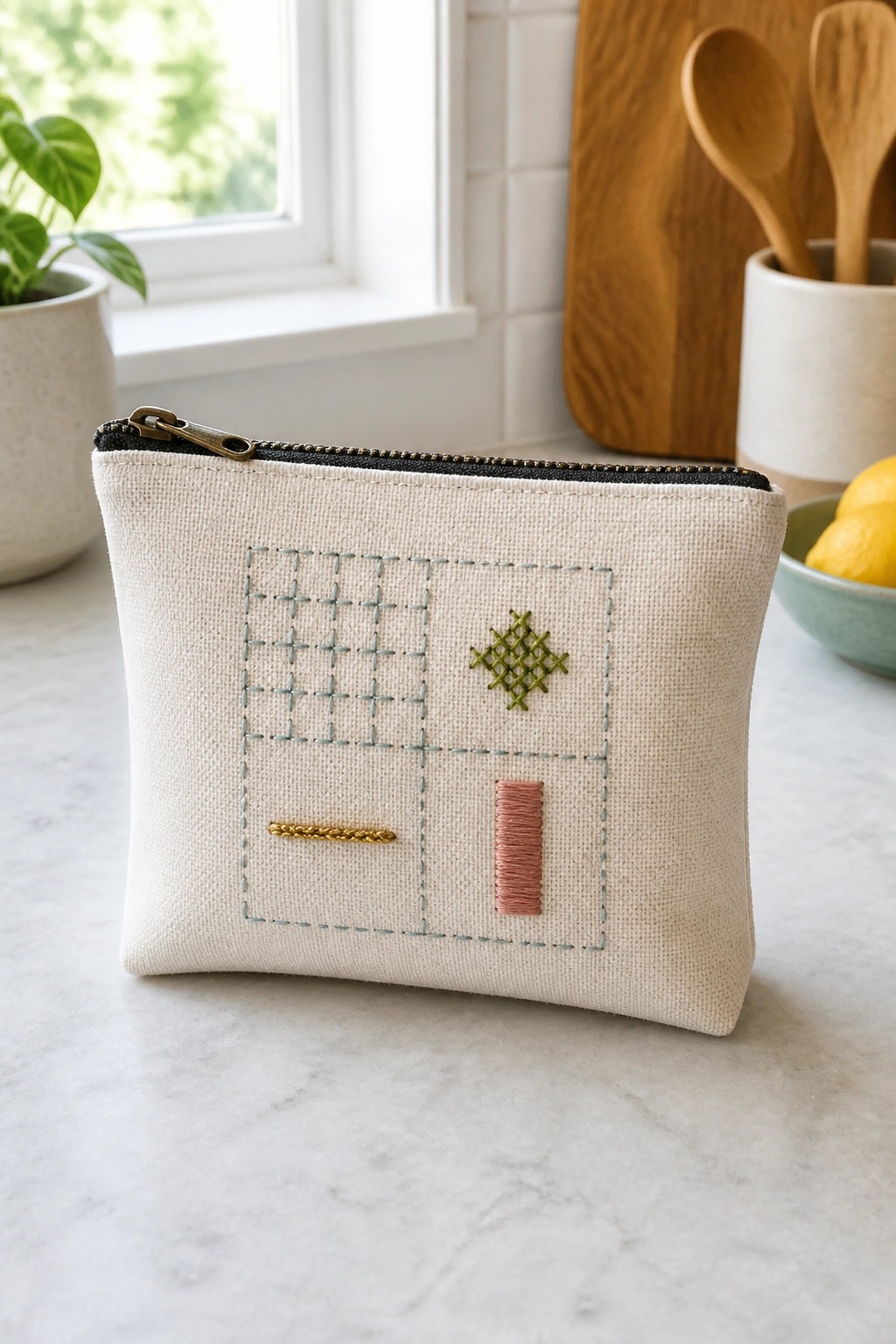 Cream fabric pouch with geometric embroidery on marble kitchen counter