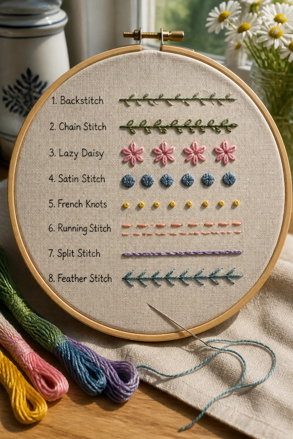 Embroidery hoop with fabric showing eight labeled stitch samples in different colors and a needle with blue thread nearby.