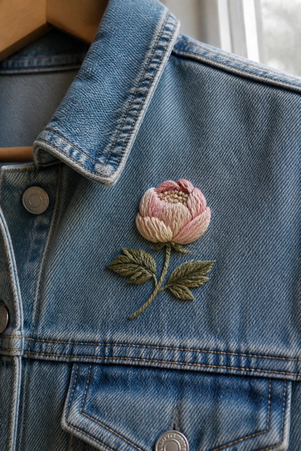 Close-up of a pink and cream embroidered flower with green leaves on the chest of a blue denim jacket.
