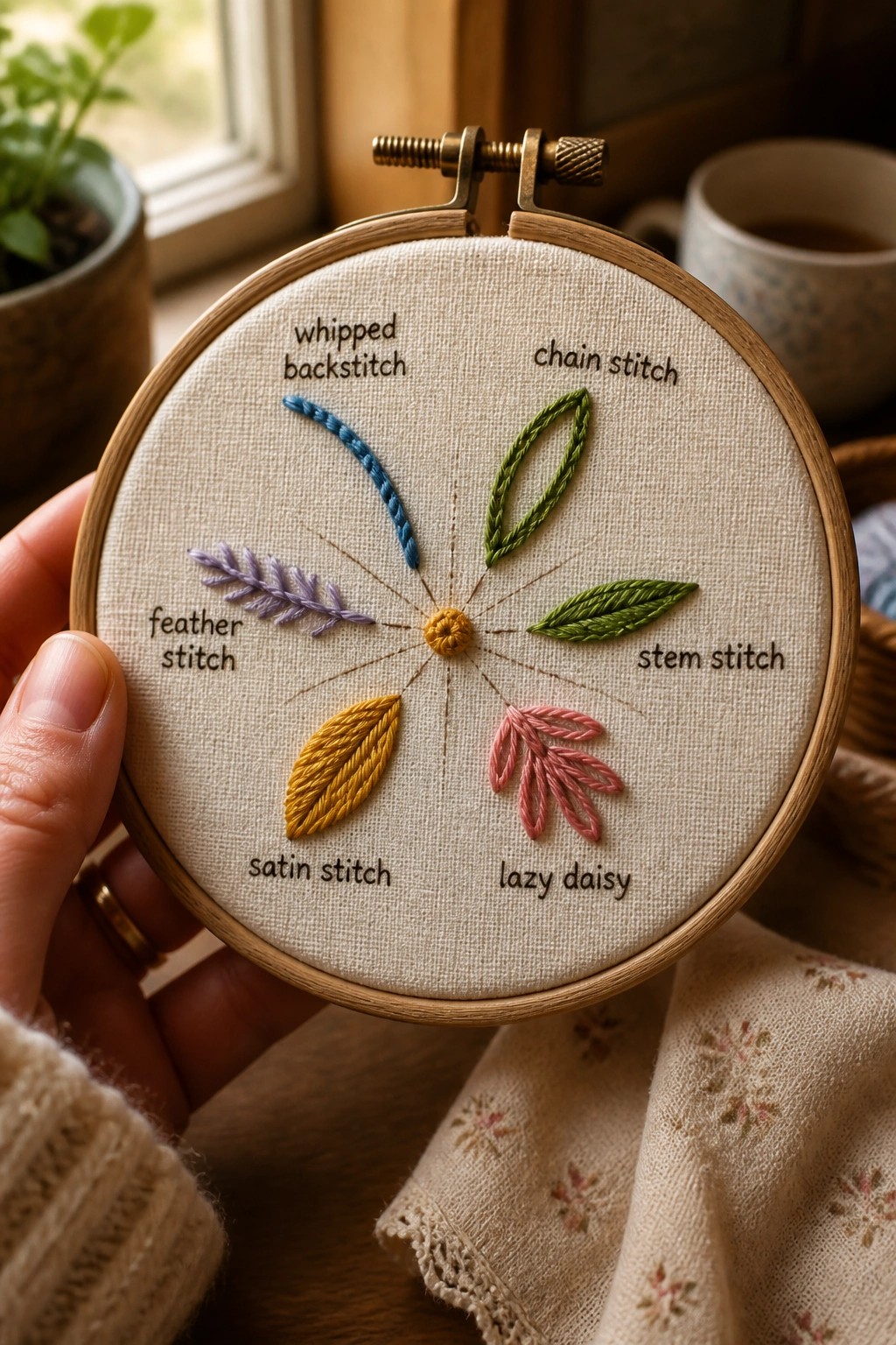 Embroidery hoop with labeled stitches in a radial pattern around a yellow center.