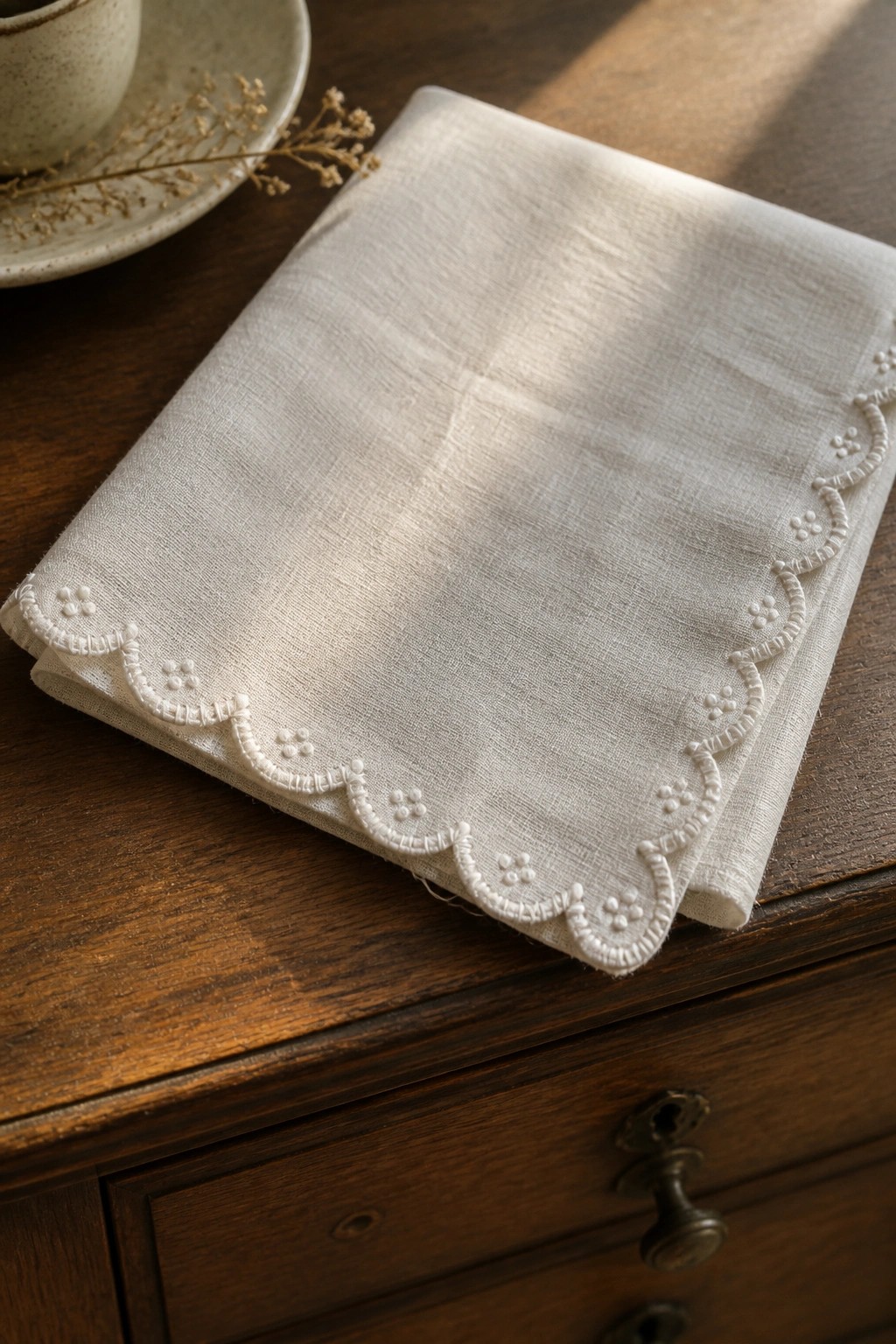 White fabric napkin with scalloped white embroidery border on a wooden table.