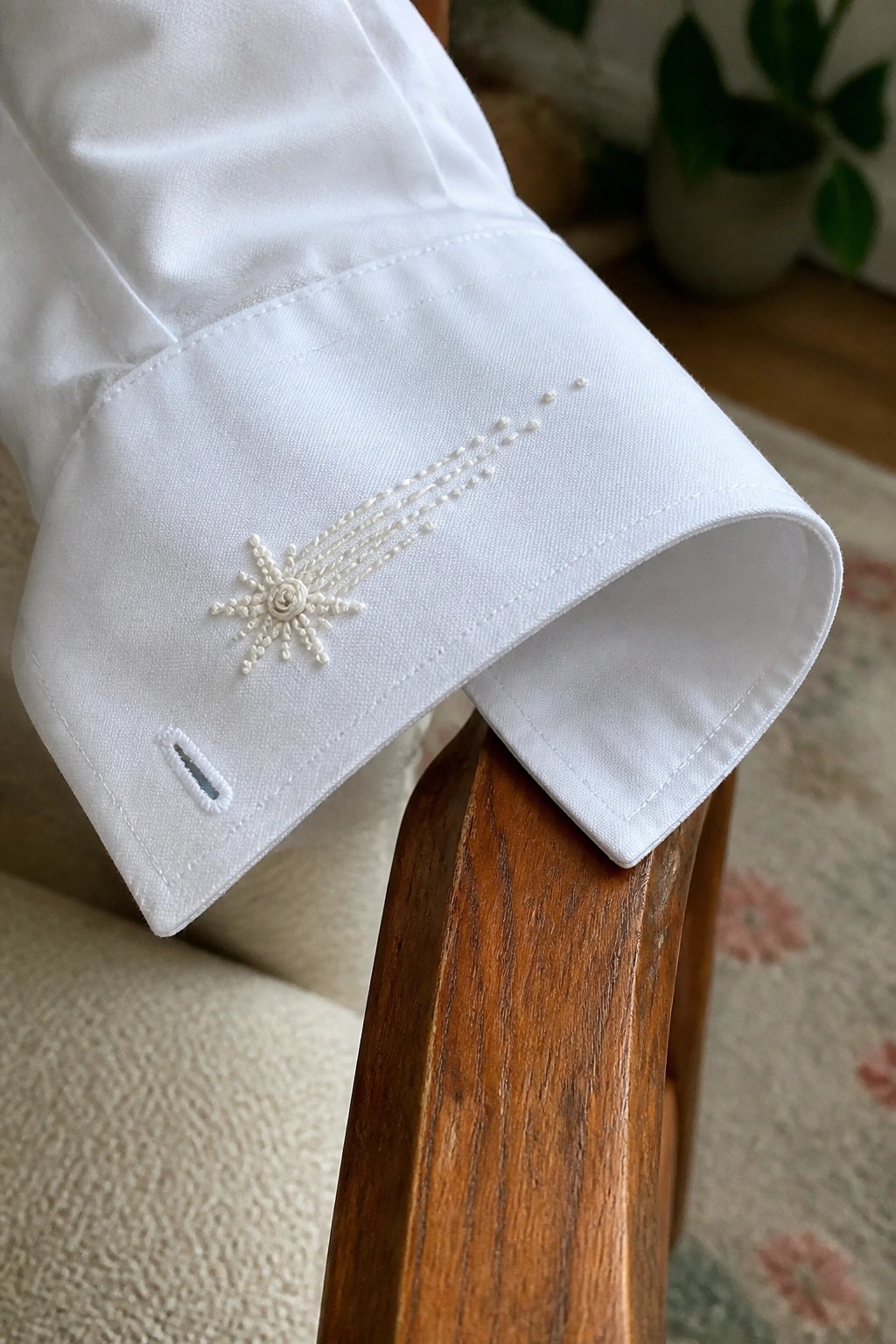 White shirt cuff with delicate white starburst embroidery on wooden chair arm