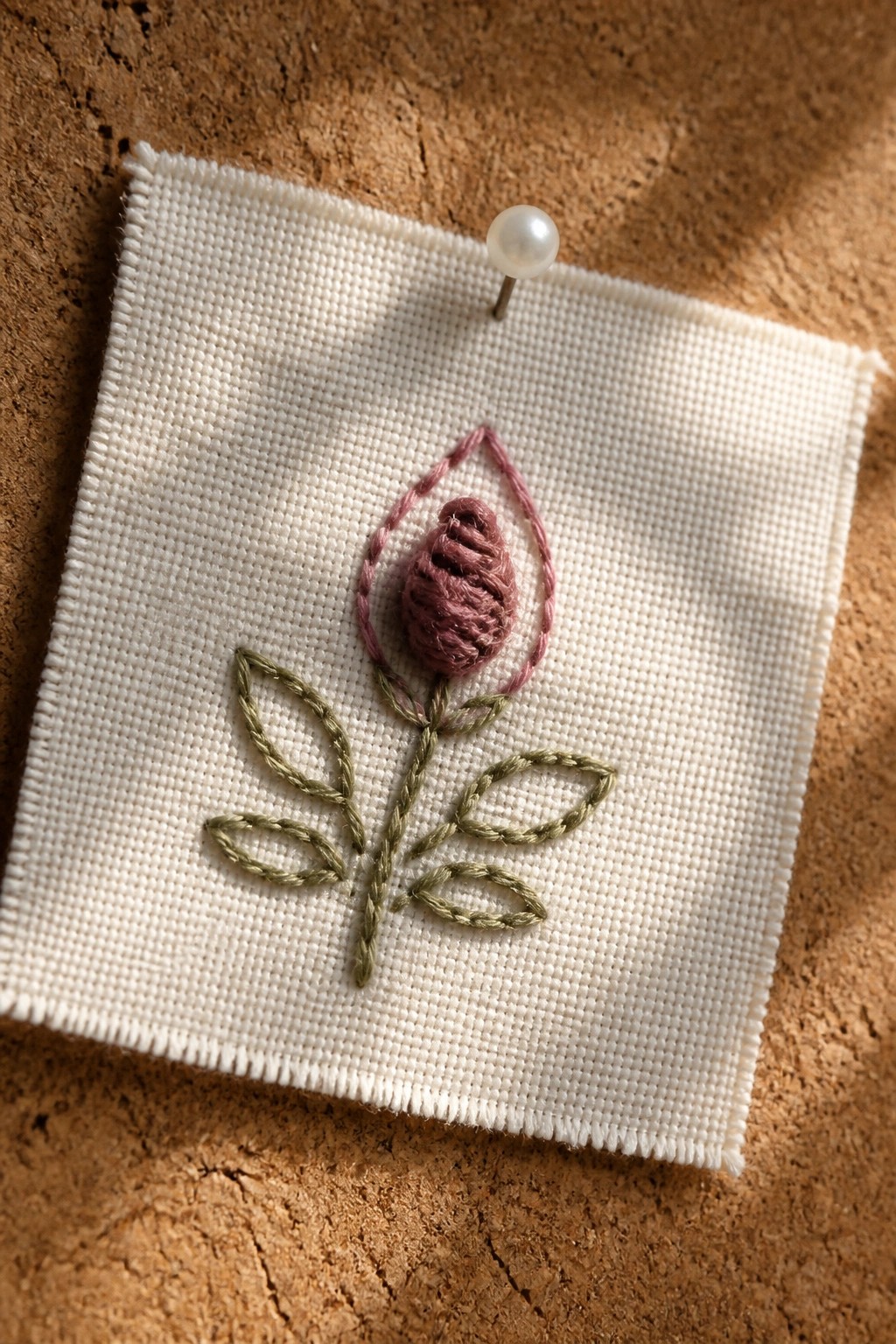 Embroidered pink flower bud with green leaves on white fabric, pearl pin attached.