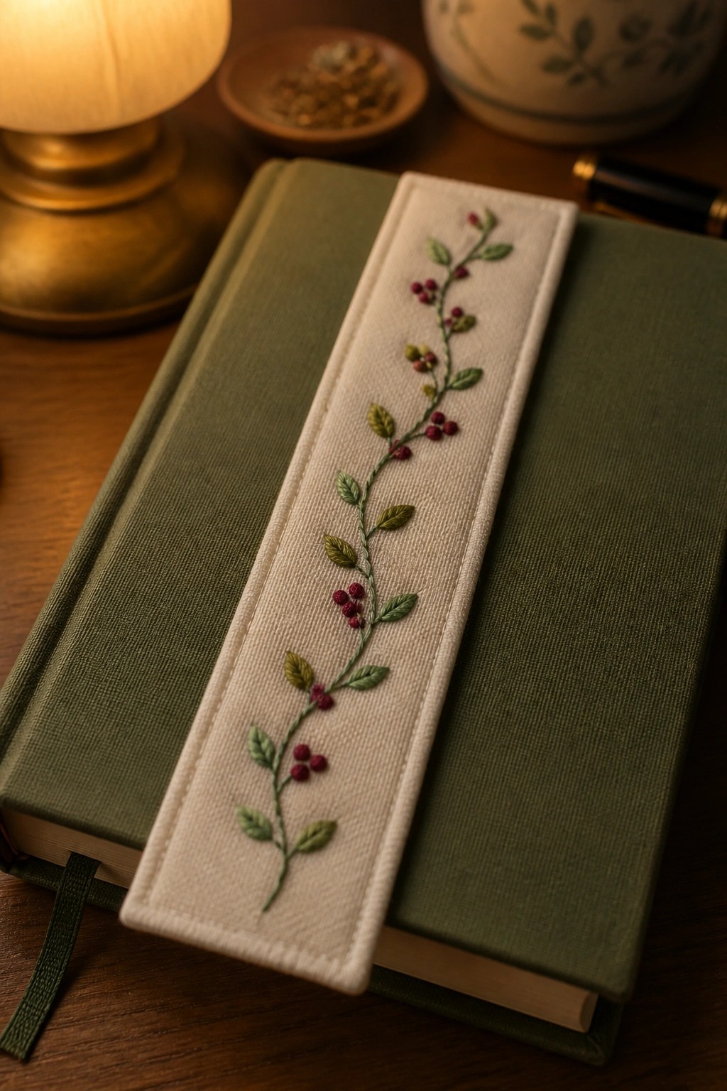 Green book with white embroidered bookmark of vine, leaves, and red berries.