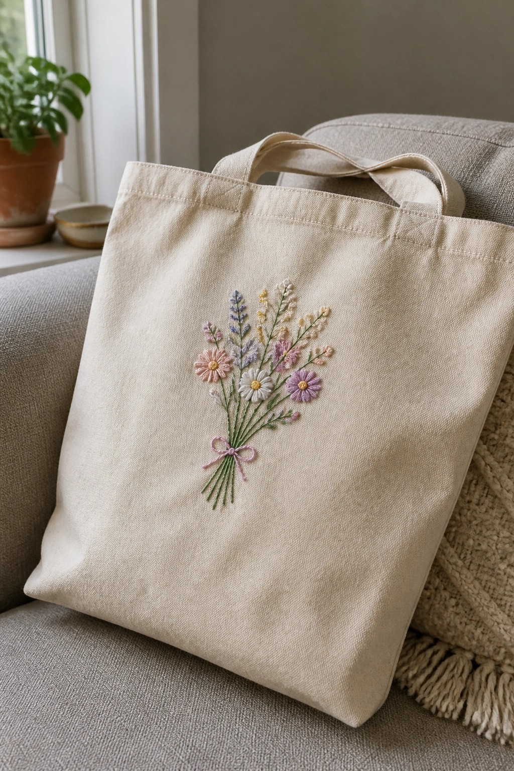 Beige canvas tote bag with embroidered pastel wildflowers and pink bow on couch