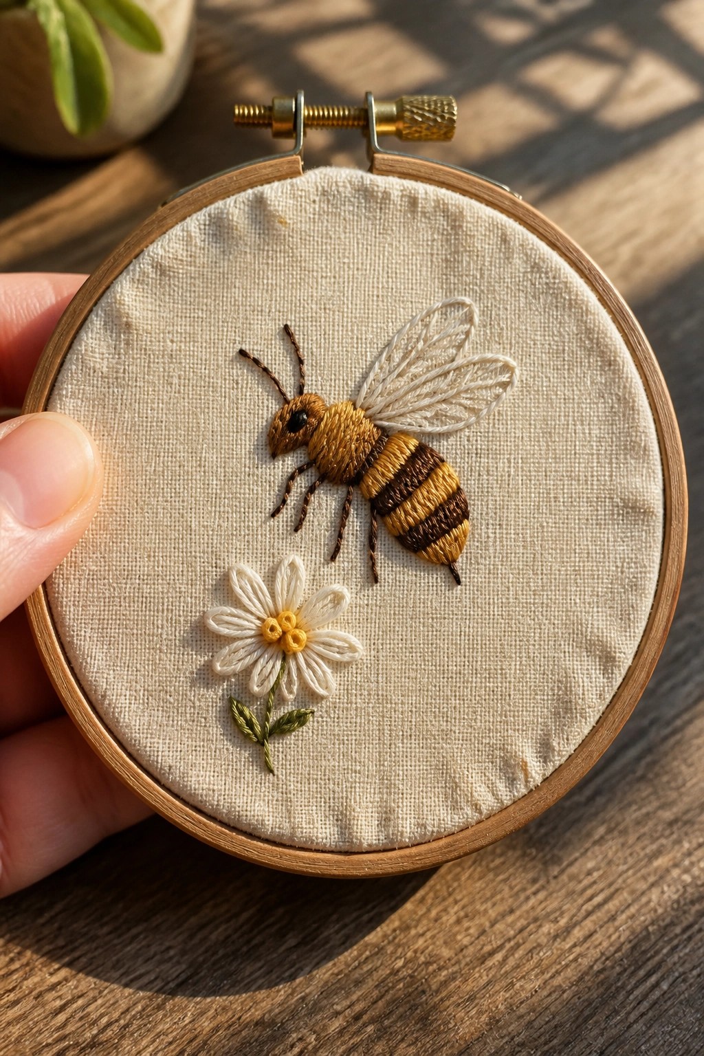 Hand holding hoop with yellow-brown bee and white daisy embroidery on fabric
