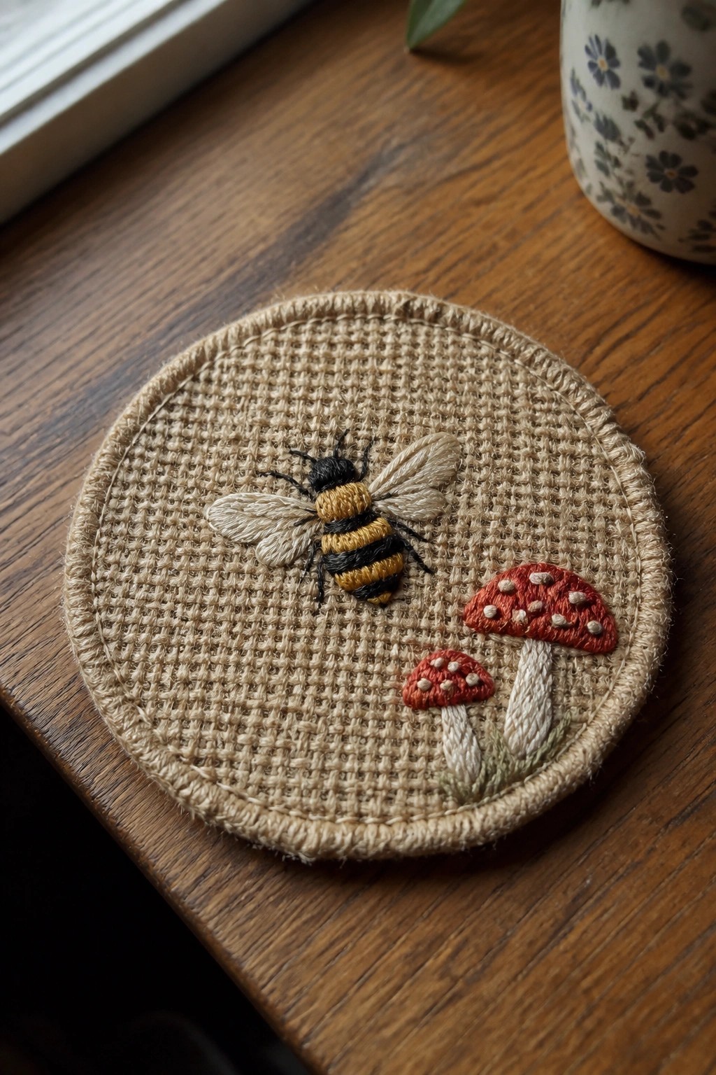 Round burlap patch embroidered with a black and yellow bee above two red mushrooms.