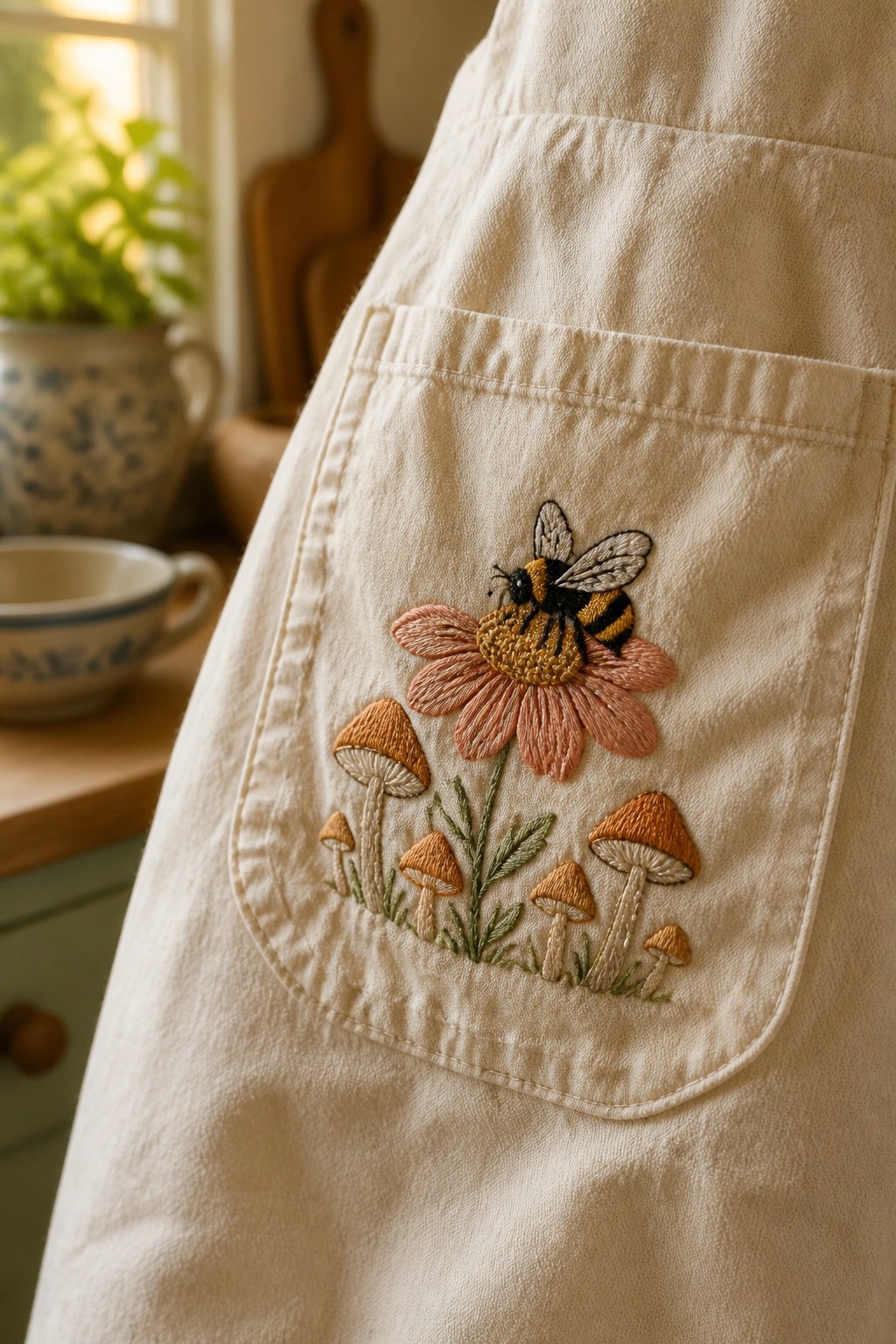 Cream apron pocket embroidered with bumblebee on pink flower and mushrooms