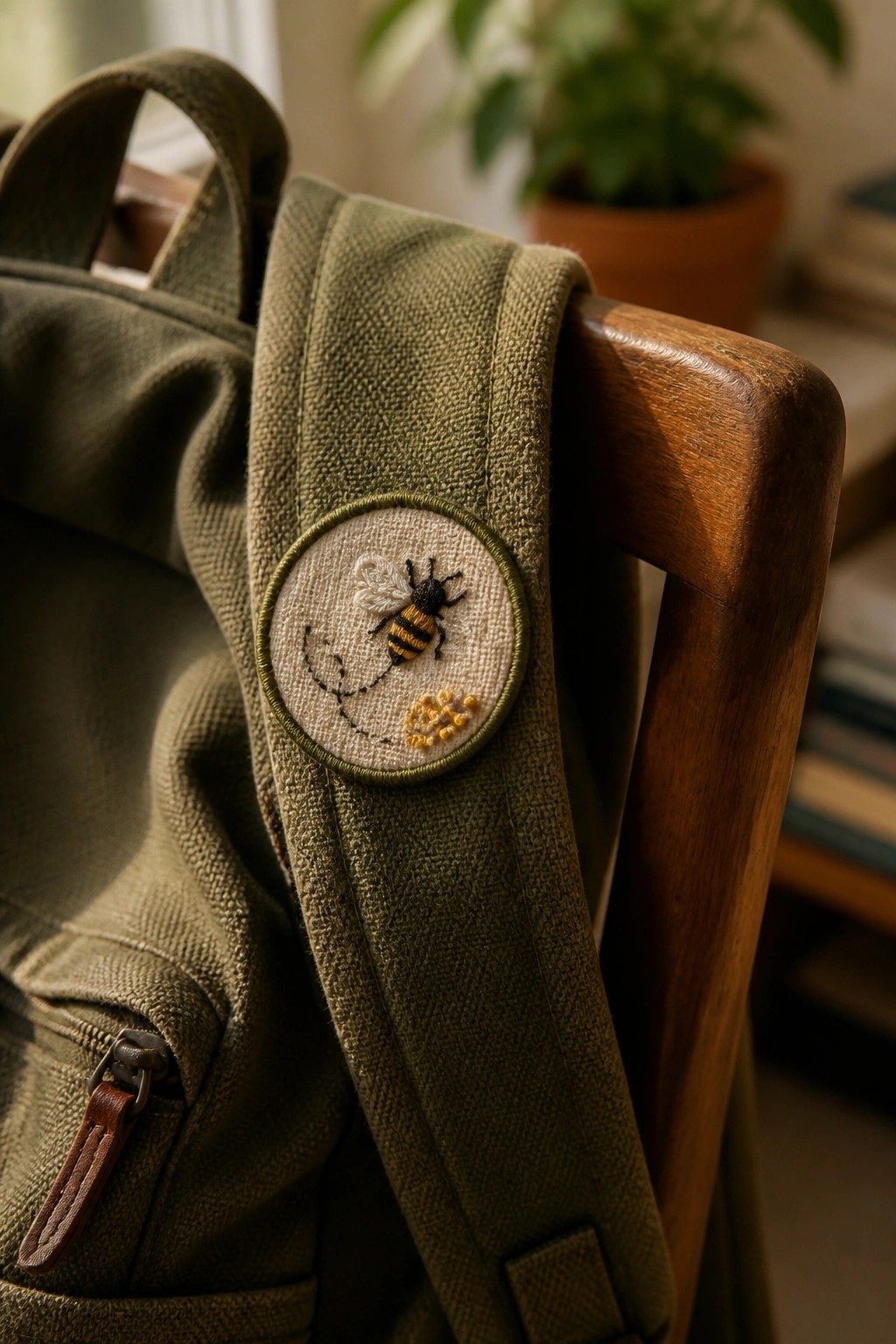 Green canvas backpack strap with embroidered bee patch on wooden chair