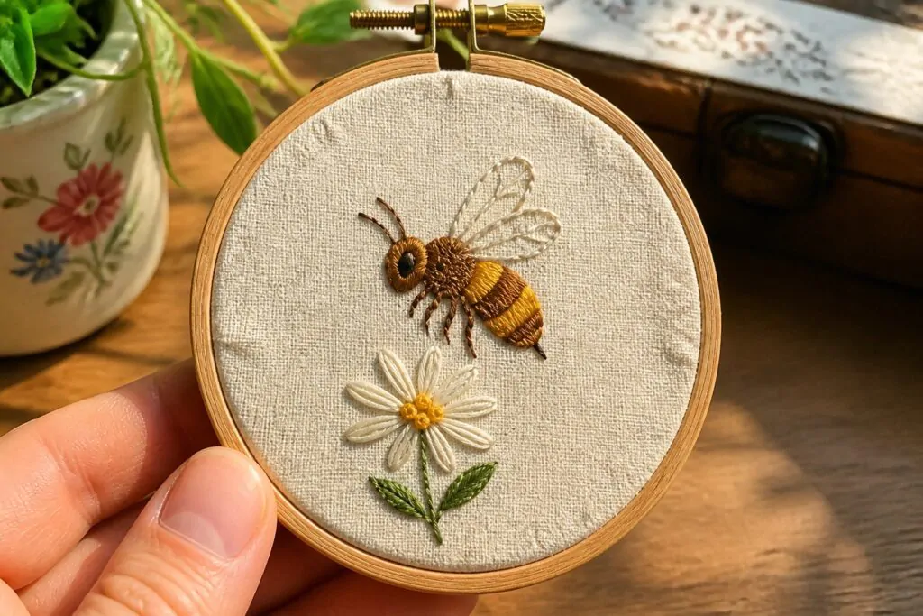 18 Fun Bee Embroidery Patterns for Nature-Inspired First Hoops Hand holding hoop with yellow-brown bee and white daisy embroidery on fabric