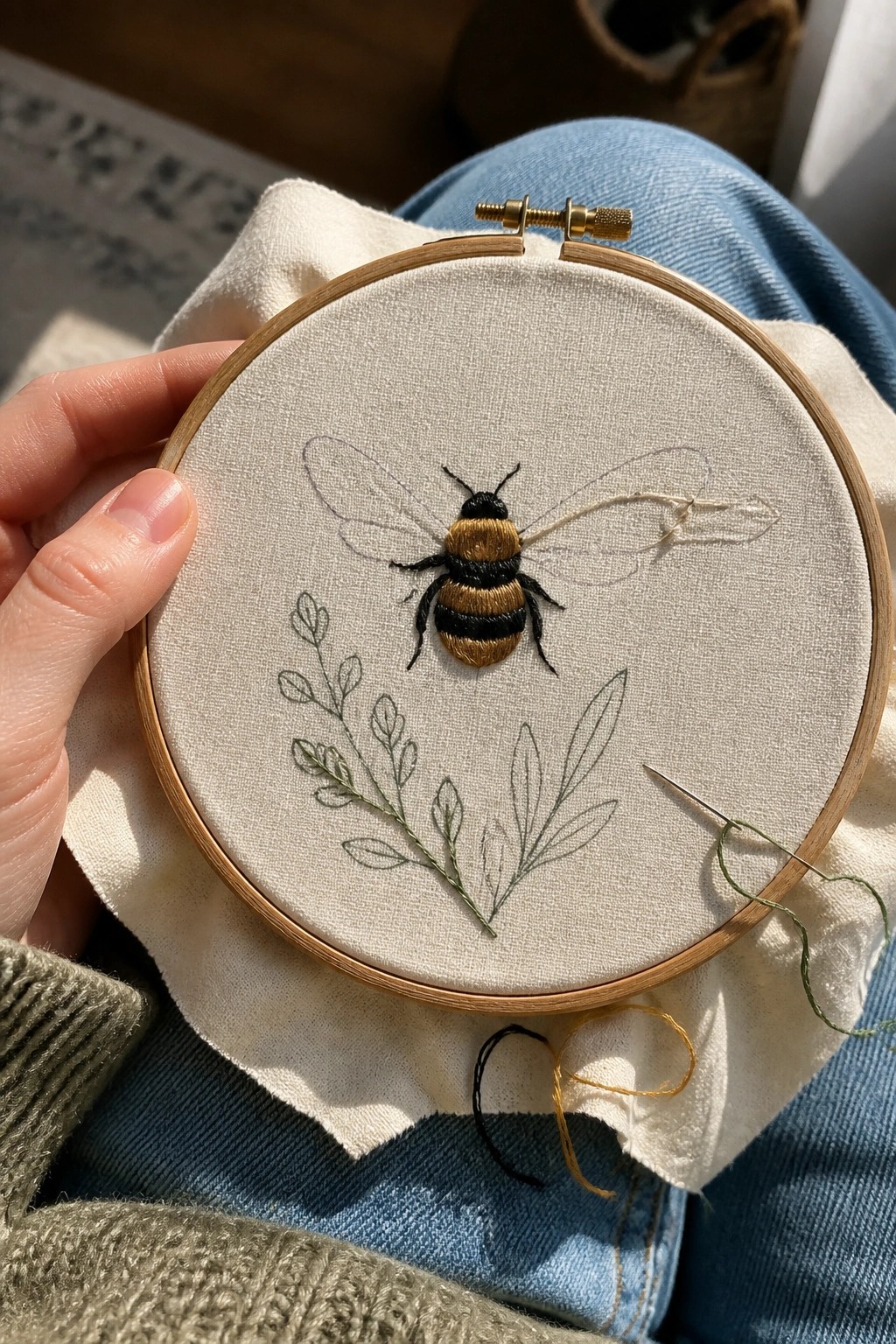 Hand holding hoop with embroidered bumblebee and green leaves over blue jeans.
