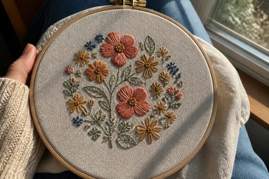19 Beautiful Flower Embroidery Patterns Using Five Basic Stitches Sunlit floral embroidery in wooden hoop on lap wearing blue jeans and red sweater.