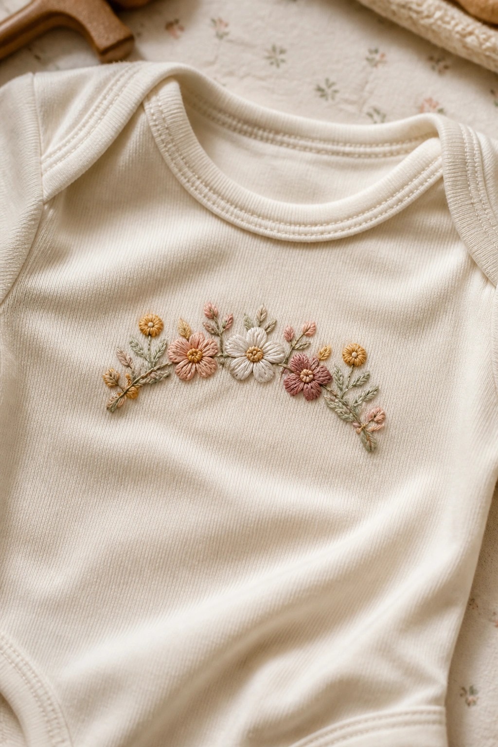 Cream baby onesie with delicate floral embroidery in soft pastels