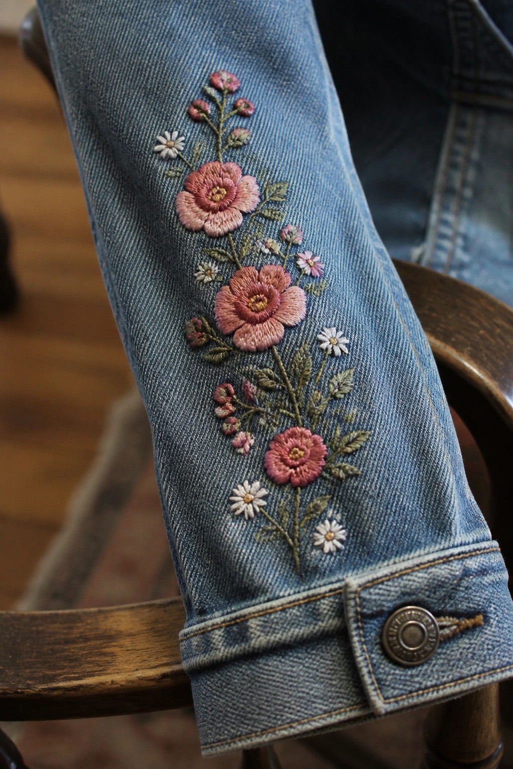 Close-up of blue denim jacket sleeve with pink and white embroidered flowers and green leaves.