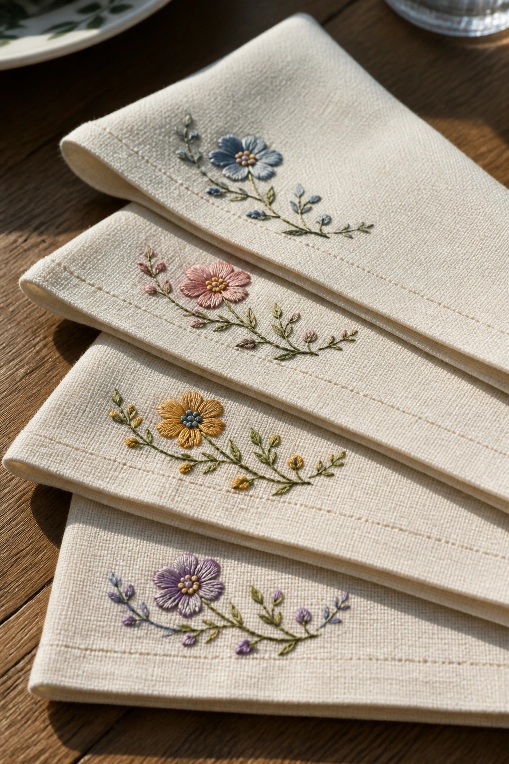 Four stacked white napkins with colorful floral embroidery on wooden table