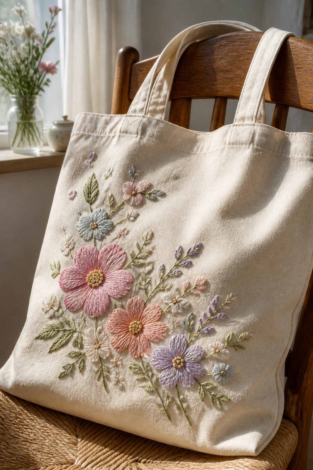 A cream canvas tote bag with embroidered pink, peach, and purple flowers rests on a wooden chair.