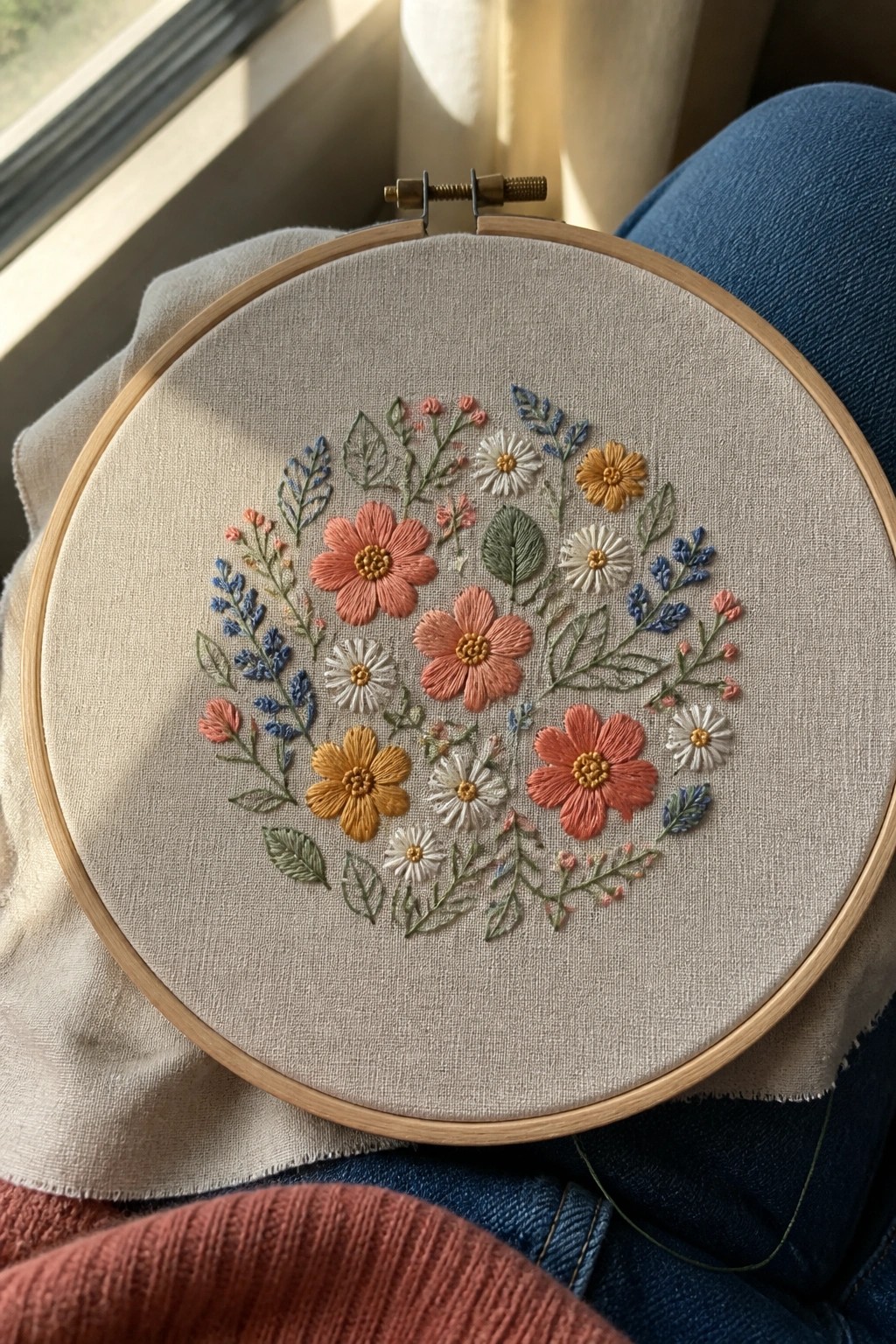 Sunlit floral embroidery in wooden hoop on lap wearing blue jeans and red sweater.