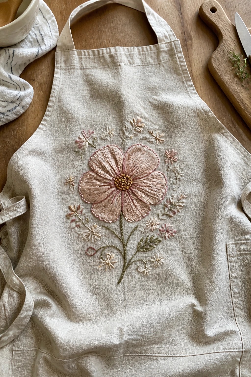 Beige linen apron with a large embroidered pink flower and smaller surrounding blooms on a wooden table.