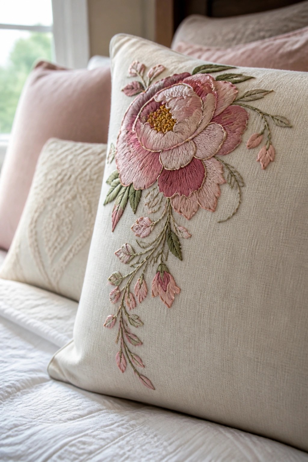 Cream pillow with large pink embroidered flower and trailing smaller buds and leaves on one side.