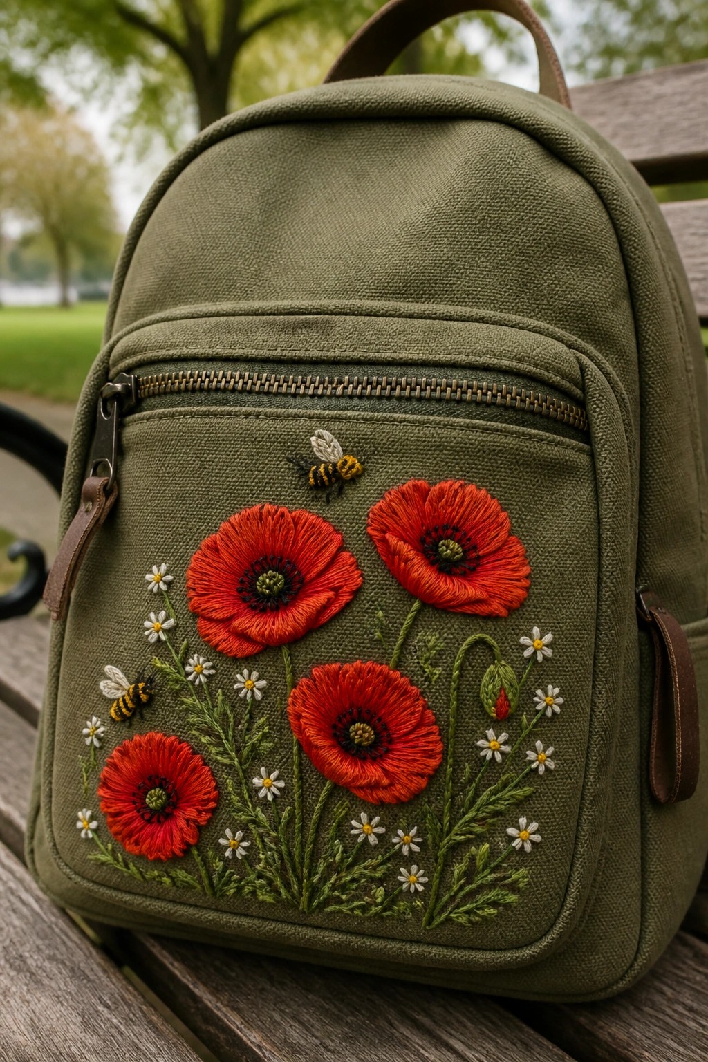 Green canvas backpack with embroidered red poppies, bees, and white daisies on the front panel.