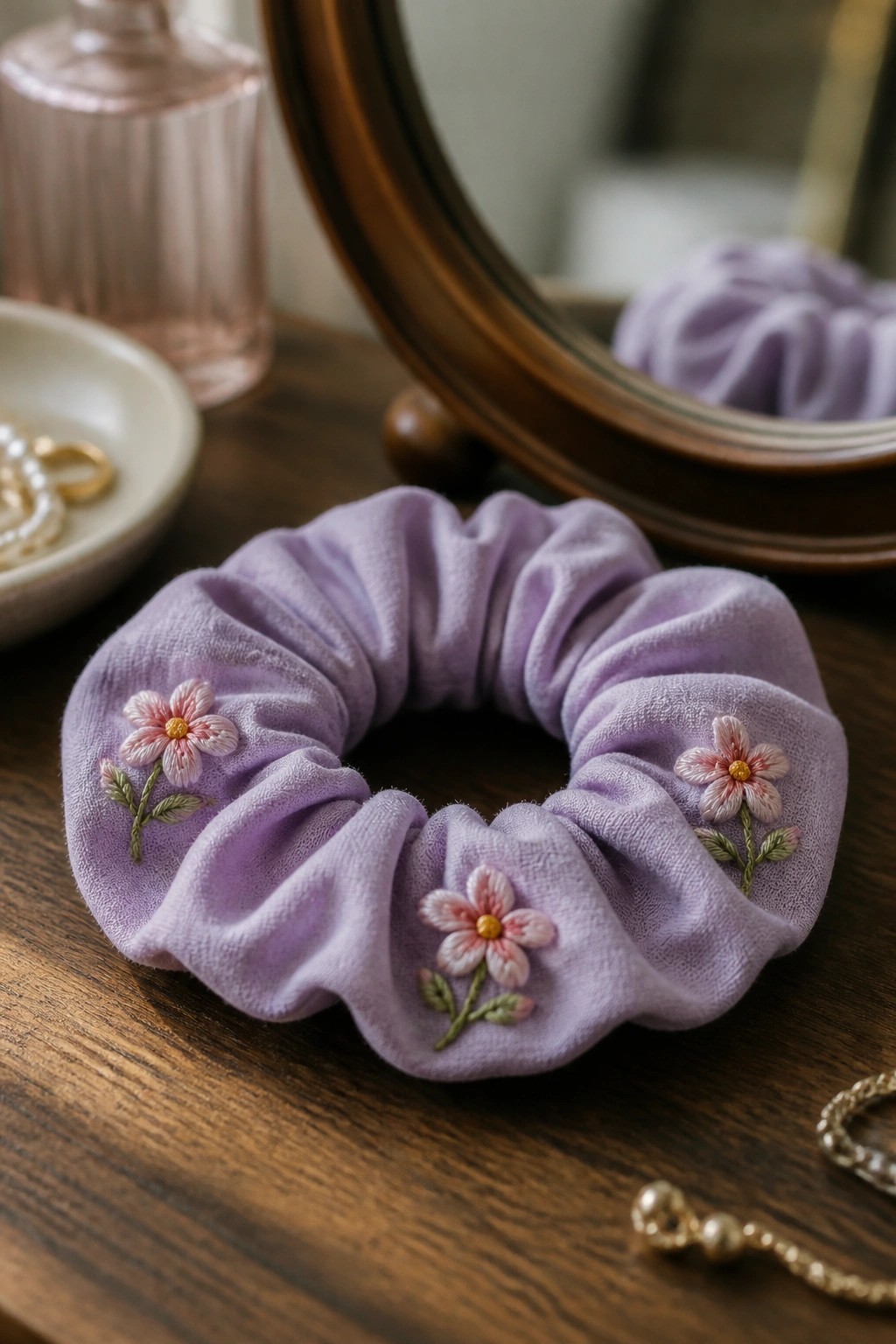 Lavender velvet scrunchie with pink floral embroidery on wooden vanity table