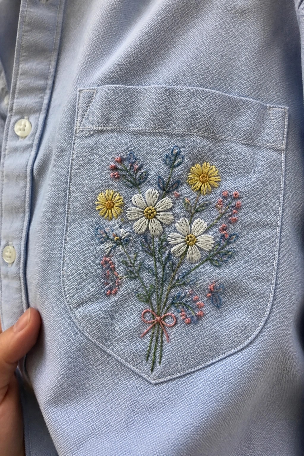 Light blue shirt pocket embroidered with colorful wildflower bouquet and pink bow.