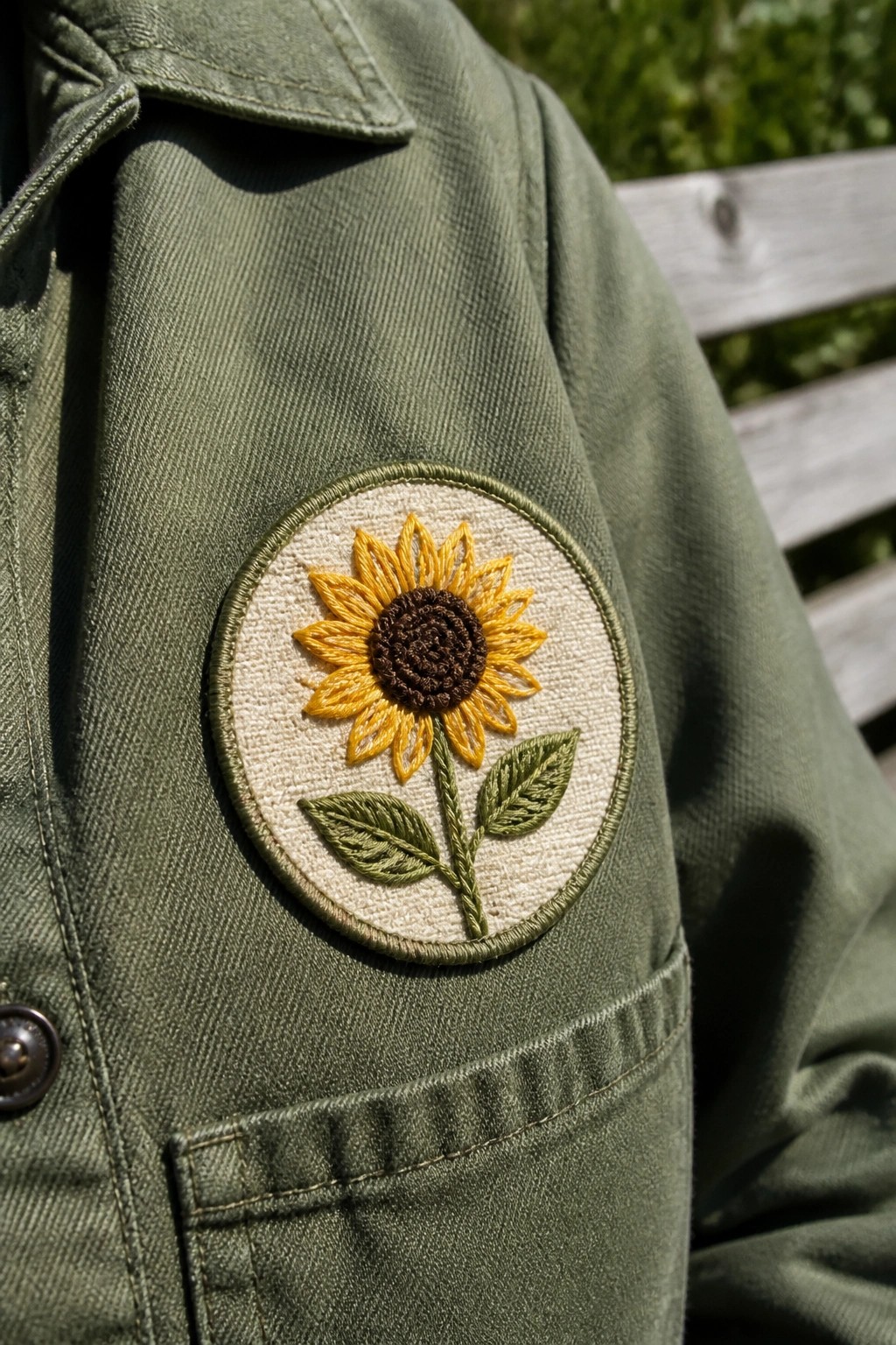 Embroidered yellow sunflower patch on sleeve of olive green jacket.