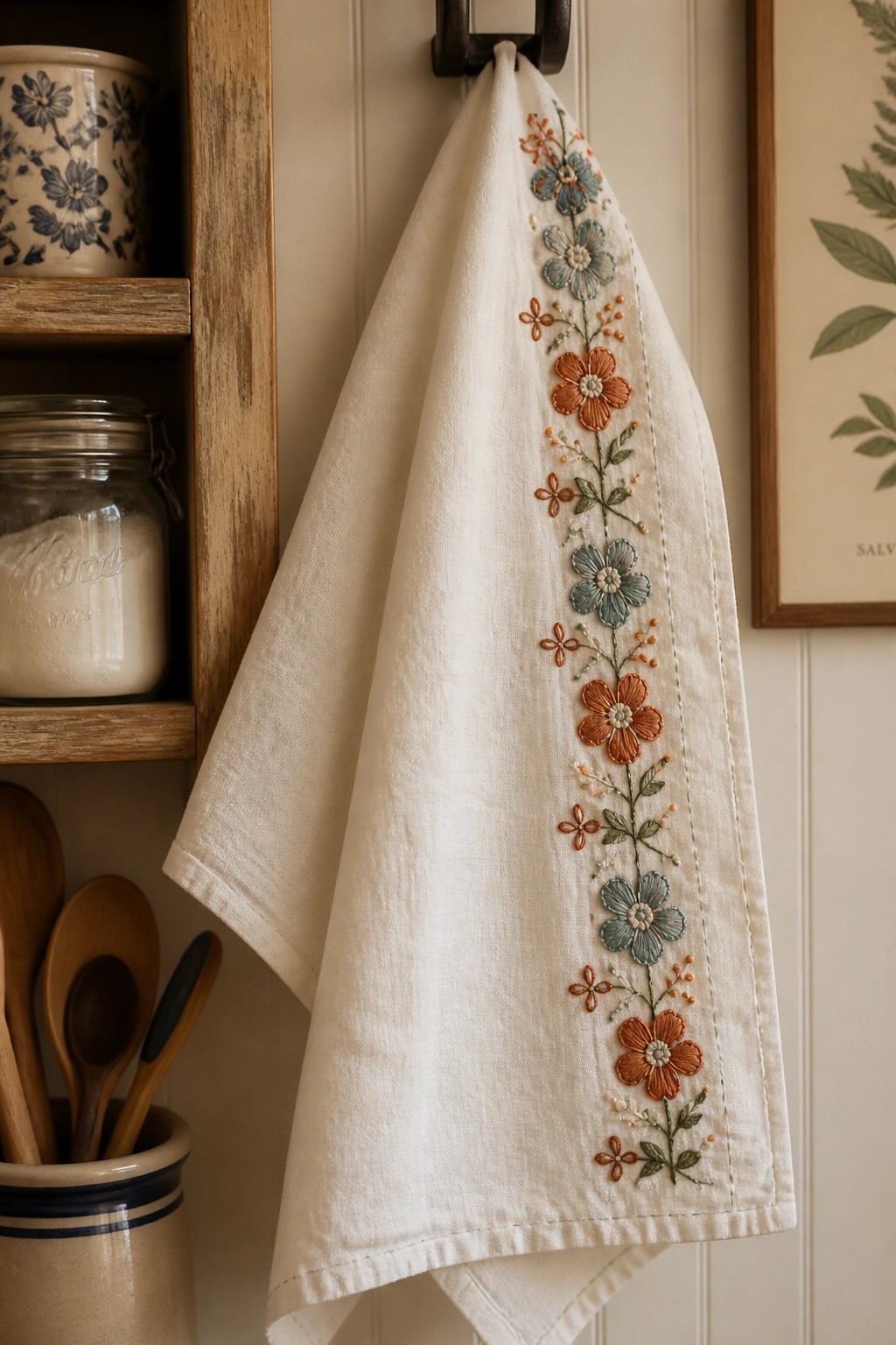 Embroidered white towel with orange and teal flowers hanging from metal hook